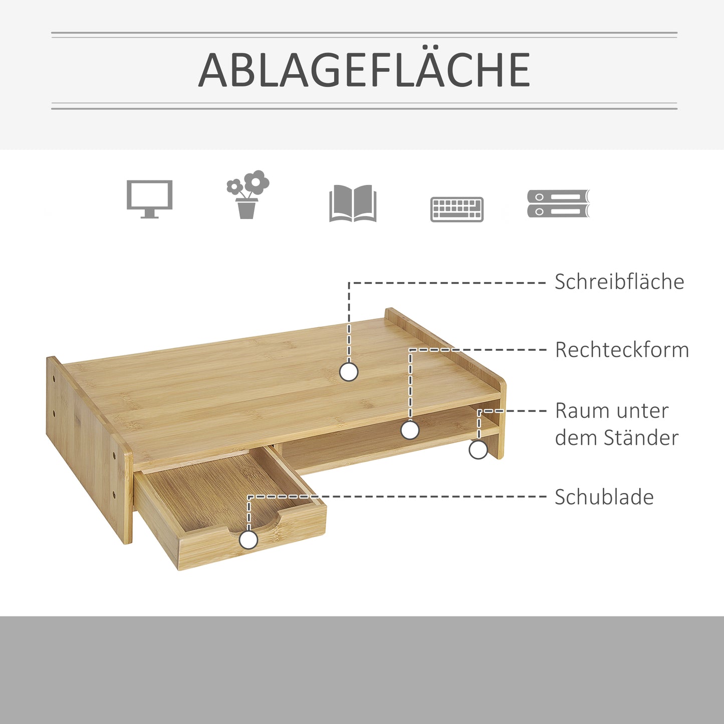 HOMCOM Monitorständer mit Schublade Bildschirmerhöhung Monitor Ständer Bildschirmständer für PC Notebook Drucker 49 x 25,5 x 11,5 cm Natur