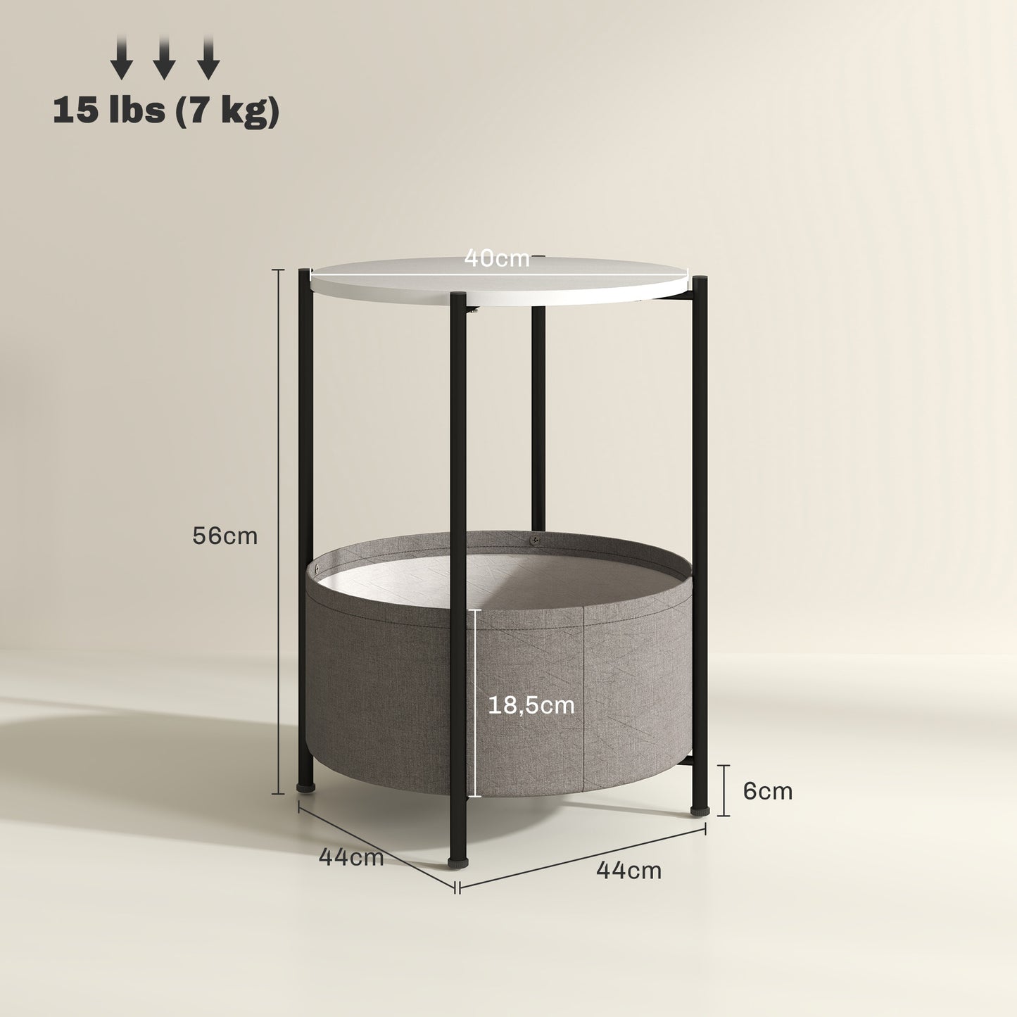 HOMCOM Runder Beistelltisch mit Stoffkorb, 2-stufiger Kaffeetisch für Wohnzimmer, Schlafzimmer, kleine Räume, Metall, Grau+Weiß