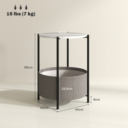 HOMCOM Runder Beistelltisch mit Stoffkorb, 2-stufiger Kaffeetisch für Wohnzimmer, Schlafzimmer, kleine Räume, Metall, Grau+Weiß