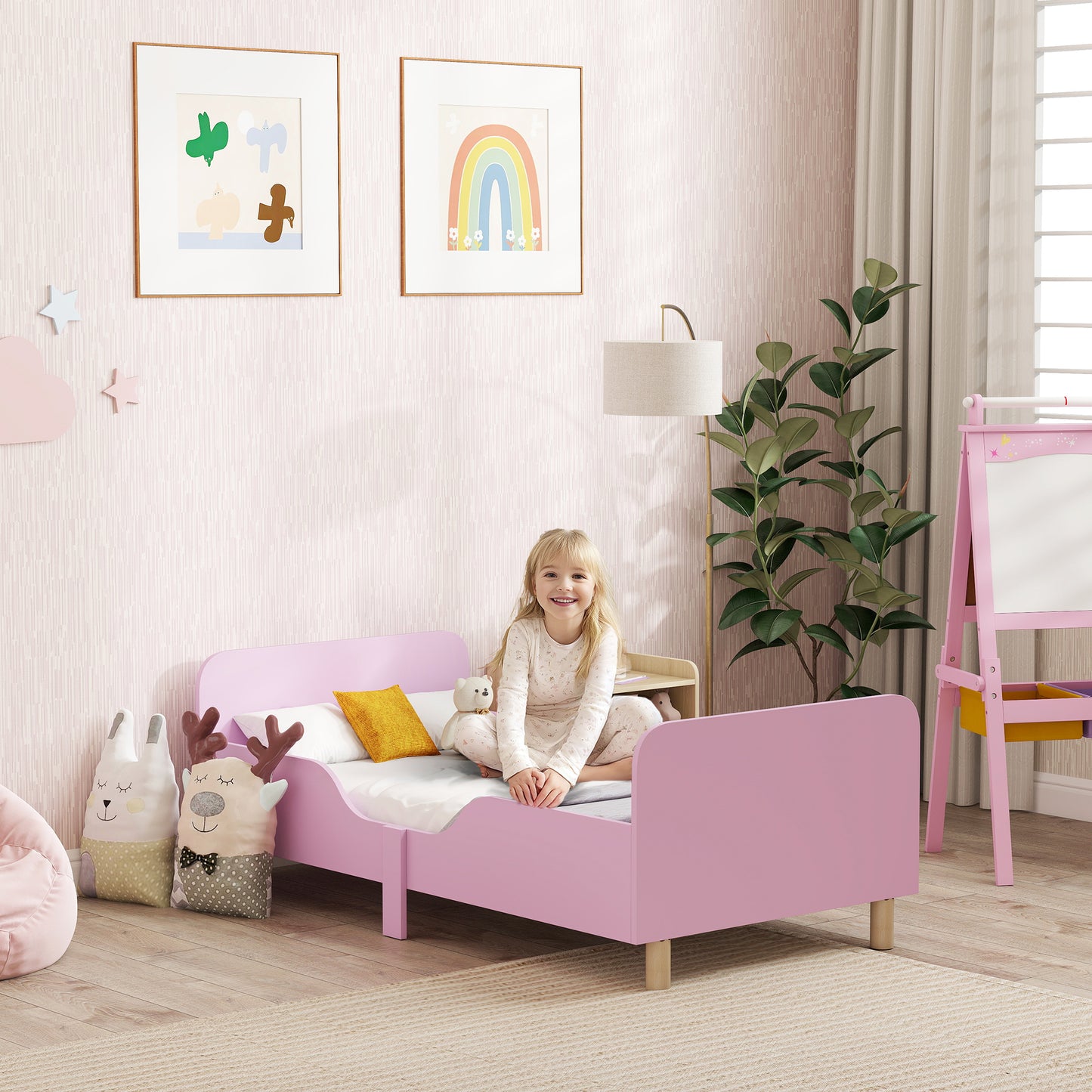 AIYAPLAY Kinderbettgestell، Einzelbettrahmen für Kinder، Schutzgitter، Kleines Bett für Kinderzimmer، MDF، ohne Matratze، Rosa