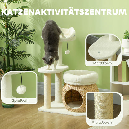 PawHut Kratzbaum mit Katzenhöhle, Spielball und Plattform, Schilfrohr/Sisal, bis 10 kg, 60 x 40 x 79 cm, Cremeweiß