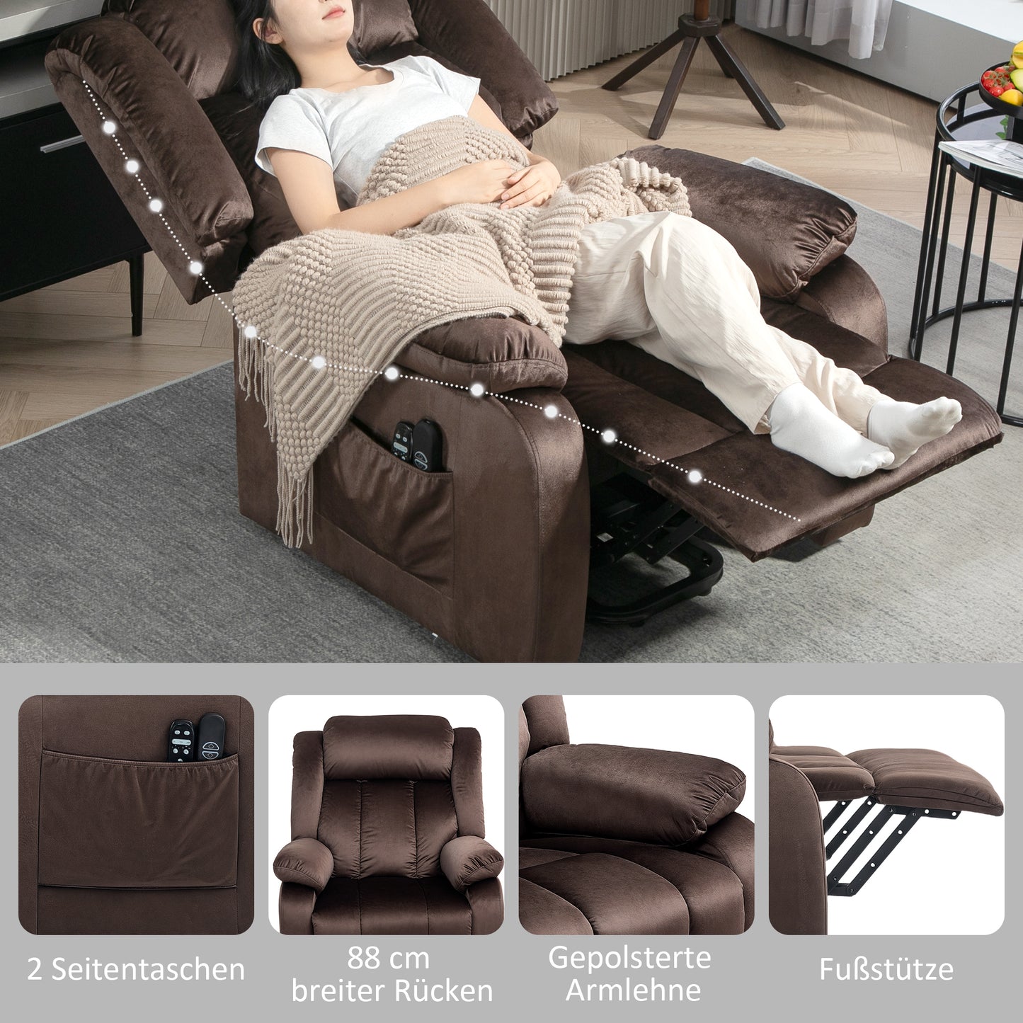 HOMCOM Aufstehsessel mit Massagefunktion und Lendenheizung, Recliner-Sessel mit Fernbedienungen und Seitentaschen, Braun