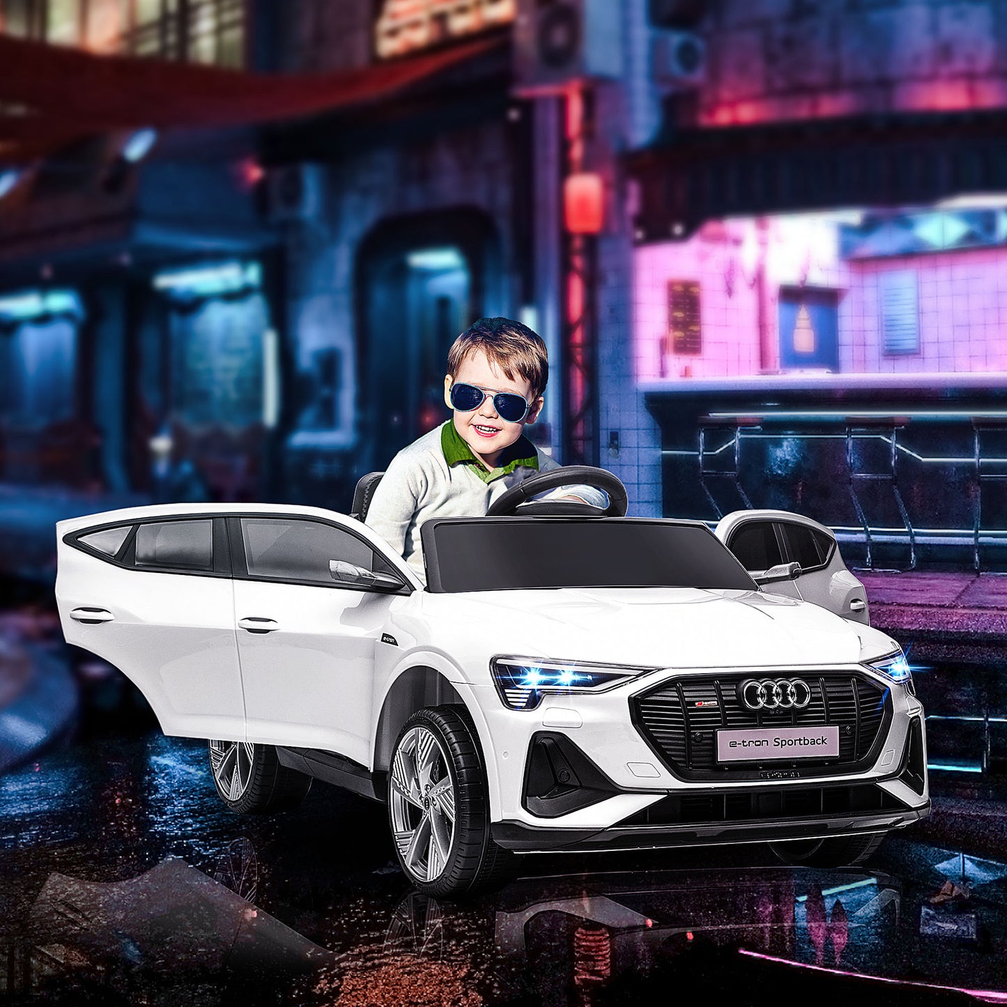 HOMCOM Elektro Kinderauto 12V Elektrofahrzeug Audi E-tron Elektroauto mit Fernbedienung, Sicherheitsgurt, Musik (MP3/USB/TF), Kinderfahrzeug für Kinder 3-5 Jahre, 3-5 km/h, Weiß