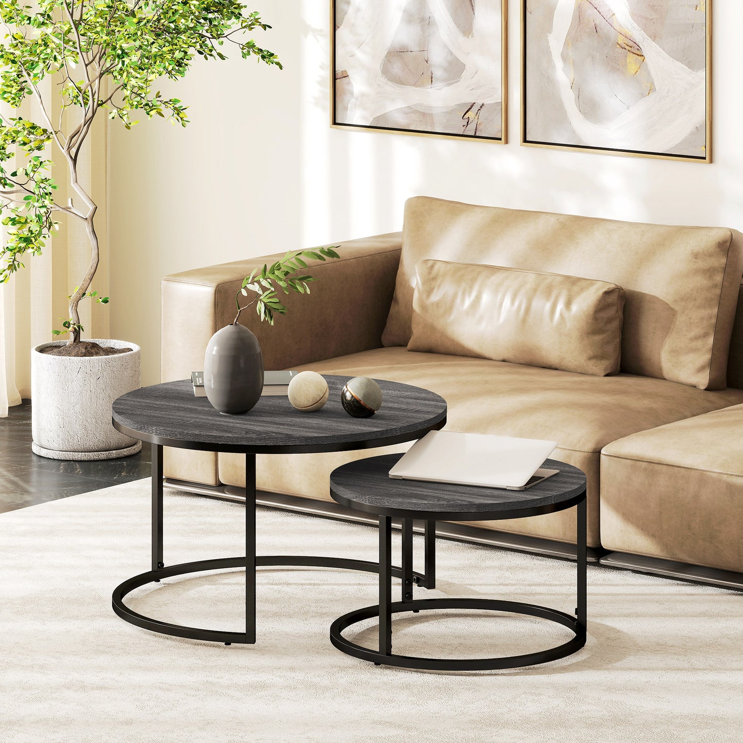 HOMCOM Couchtisch 2er-Set, Beistelltisch mit Metallgestell, Sofatisch, stapelbar, Kaffeetisch, Wohnzimmer, Schlafzimmer, Schwarz