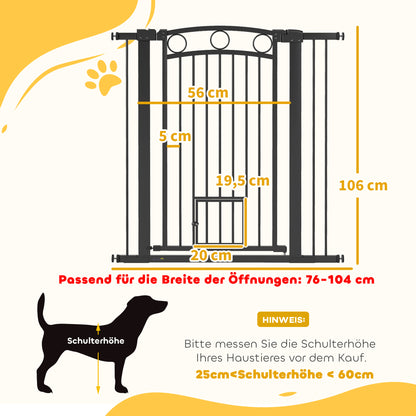 PawHut 106 cm hohes Haustiergitter mit anpassbarer Breite, integrierte Katzentür, für Treppen und Türrahmen, Schwarz