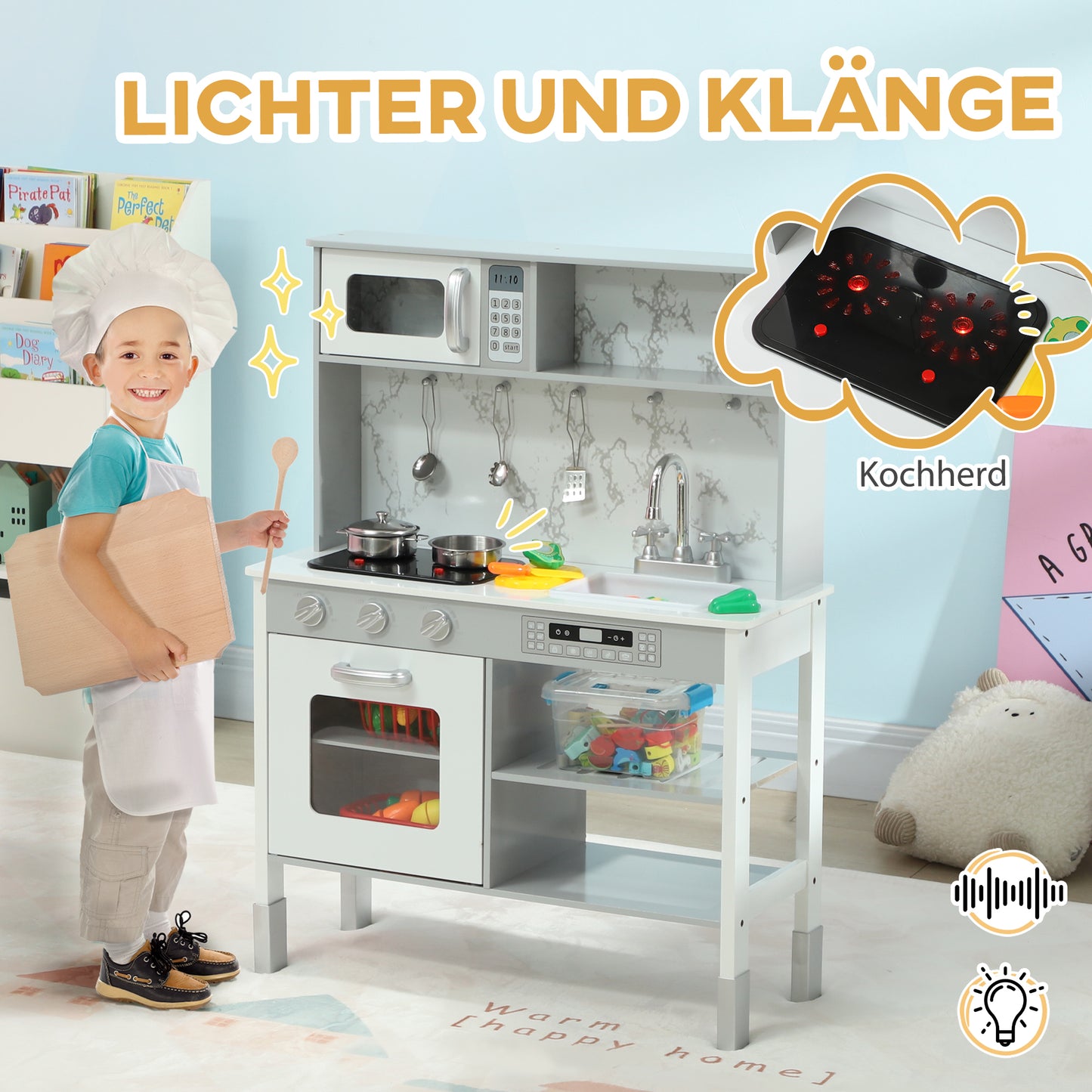 AIYAPLAY Spielküche mit Herd, Mikrowelle, viel Zubehör, höhenverstellbar, 70,1 x 28 x 90,2/96,1 cm, Weiß