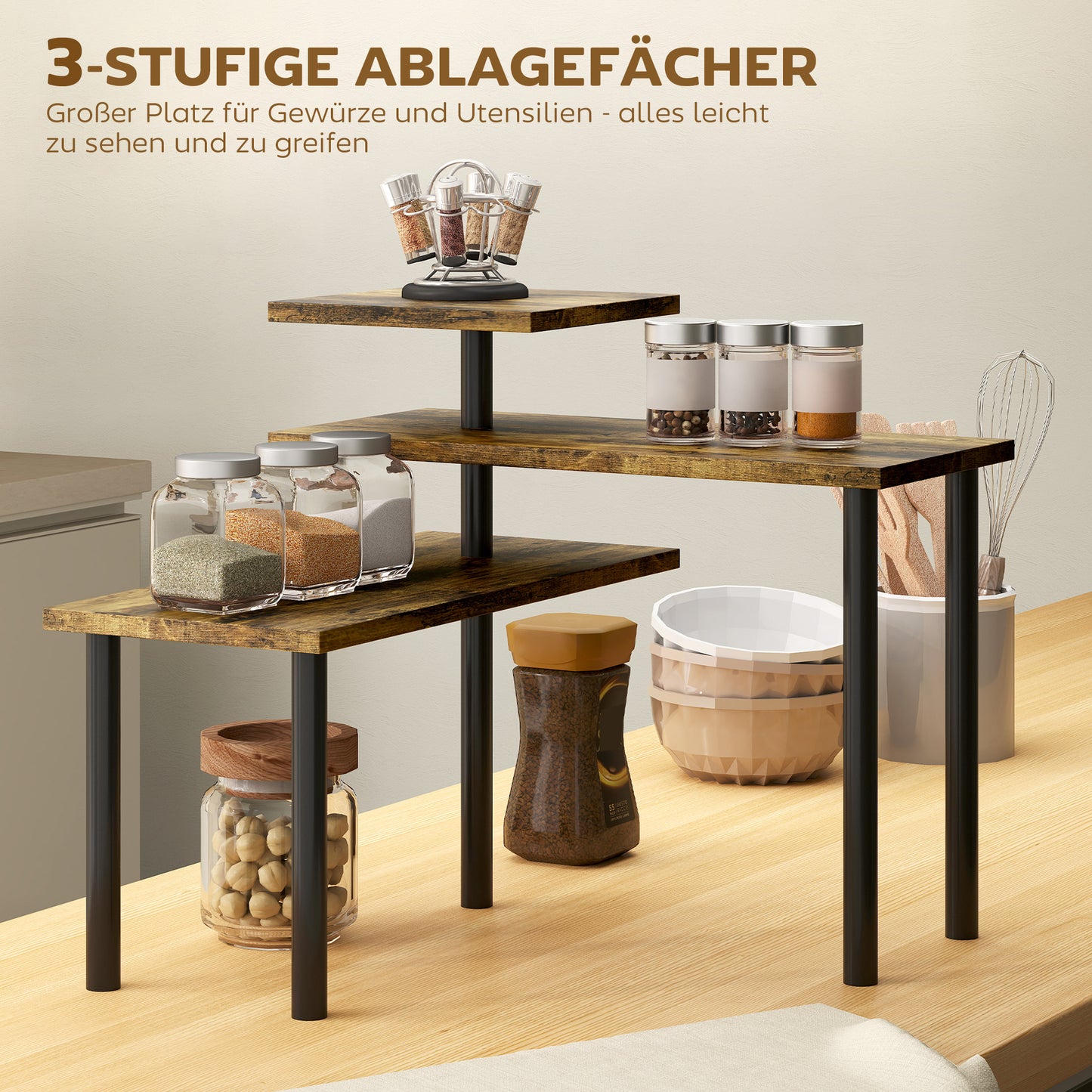 HOMCOM Küchenregal, Drehbar Mikrowellenregal mit 3 Ebenen, Industrielles Standregal Metall, 40 x 18 x 36,5 cm