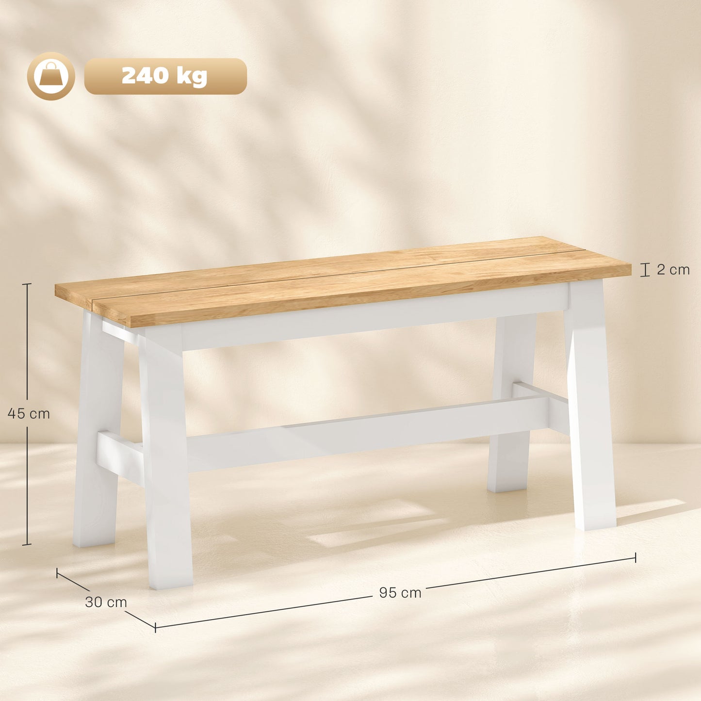HOMCOM Sitzbank für 2, Holzbank in Eichenoptik, stabilisierende Querstange, für Wohnzimmer, Esszimmer, Flur, Kautschukholz, Weiß