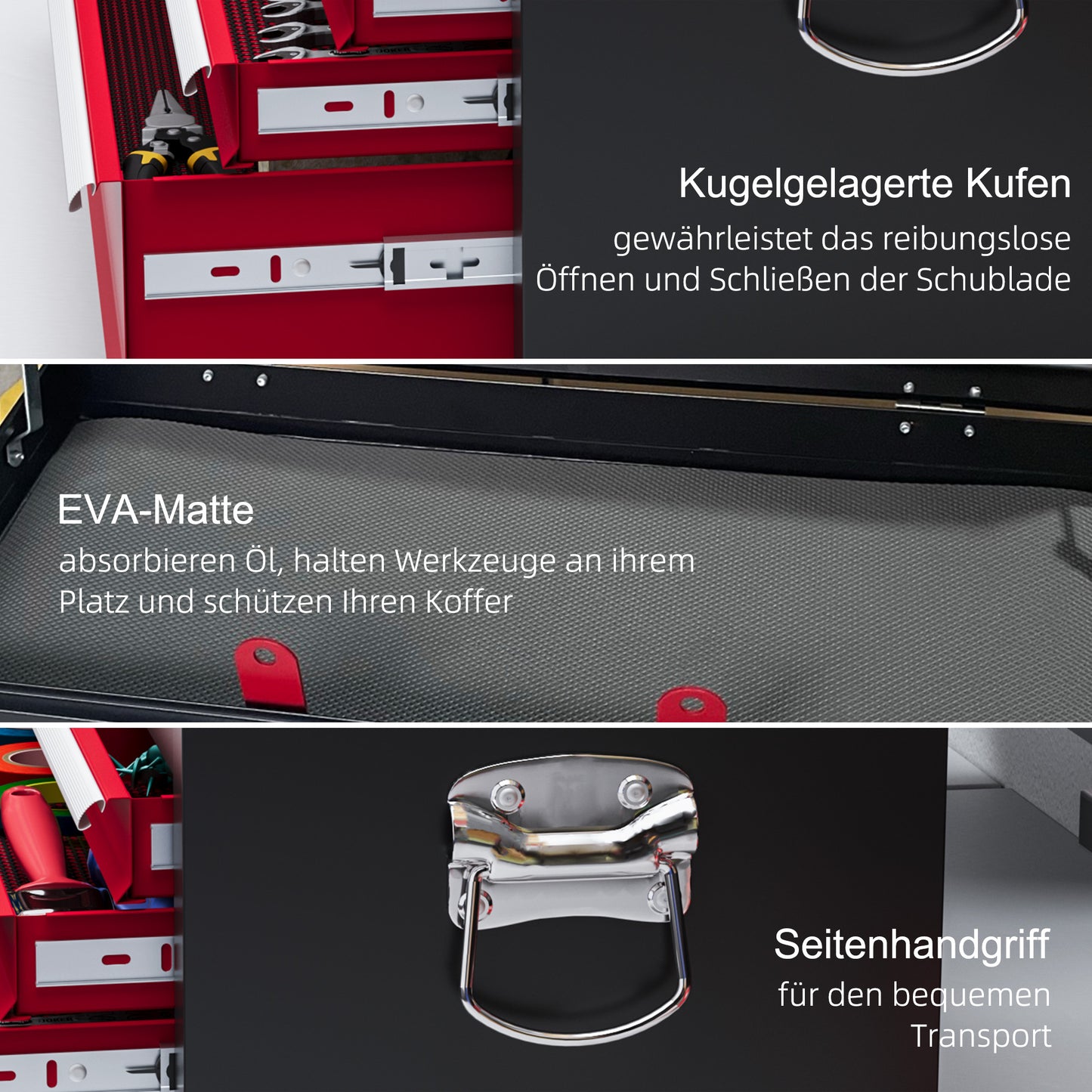 HOMCOM Werkzeugkiste, abschließbar, 3 Schubladen, Stahlgehäuse, 60x26x34cm, Rot+Schwarz