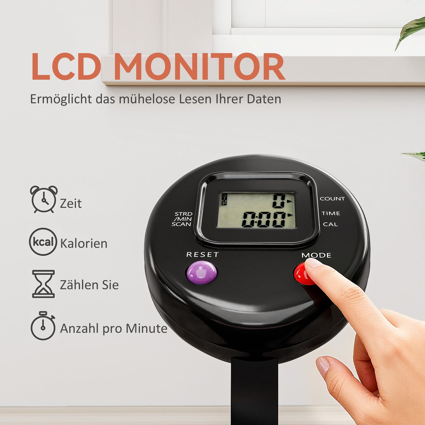 SPORTNOW Mini-Trampolin, mit höhenverstellbarem Haltegriff, LCD-Monitor, Stahl, schwarz+rot, Ø102 x 99-123cm