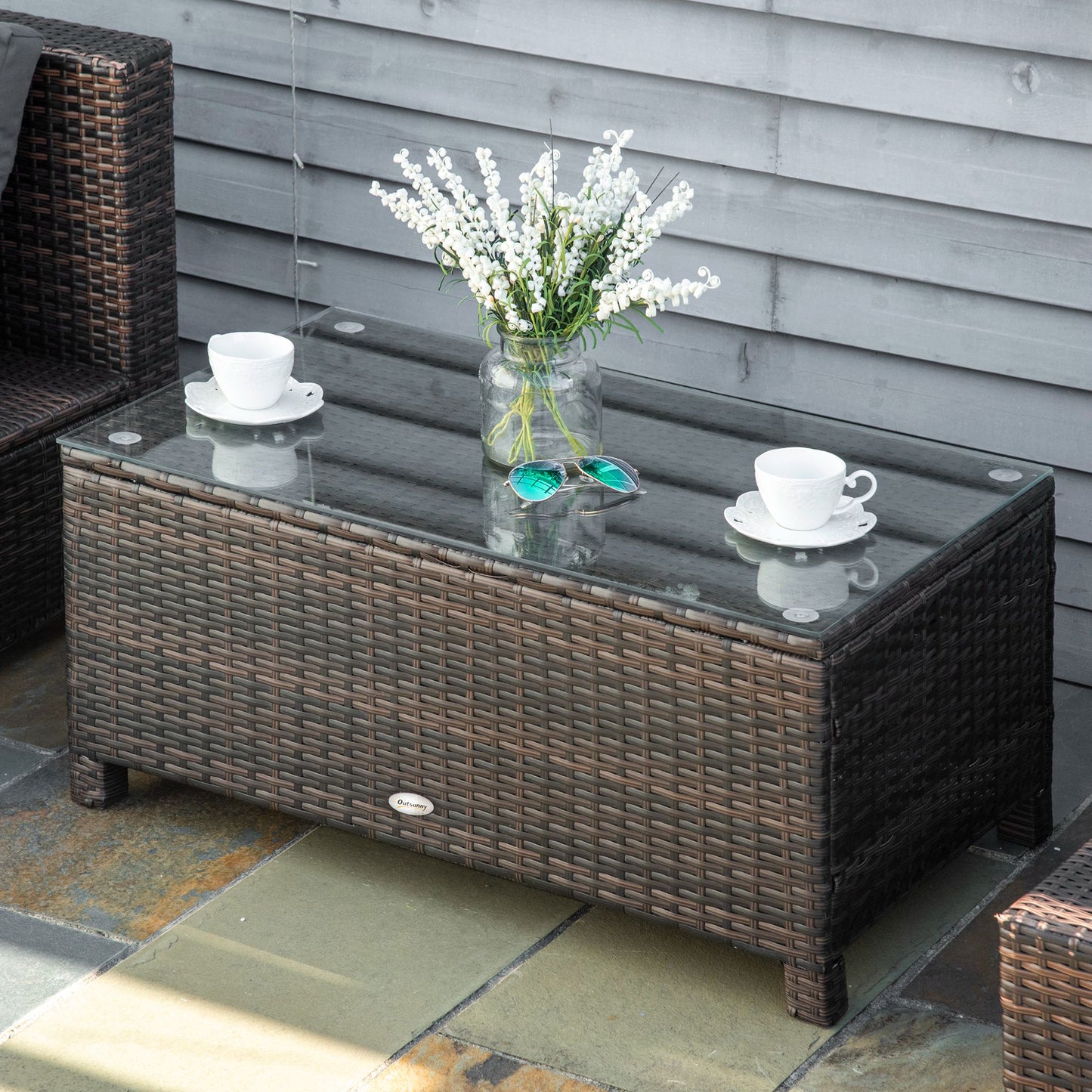 Outsunny Garten Beistelltisch Couchtisch Gartentisch Balkontisch Polyrattan Braun 85 x 50 x 39 cm