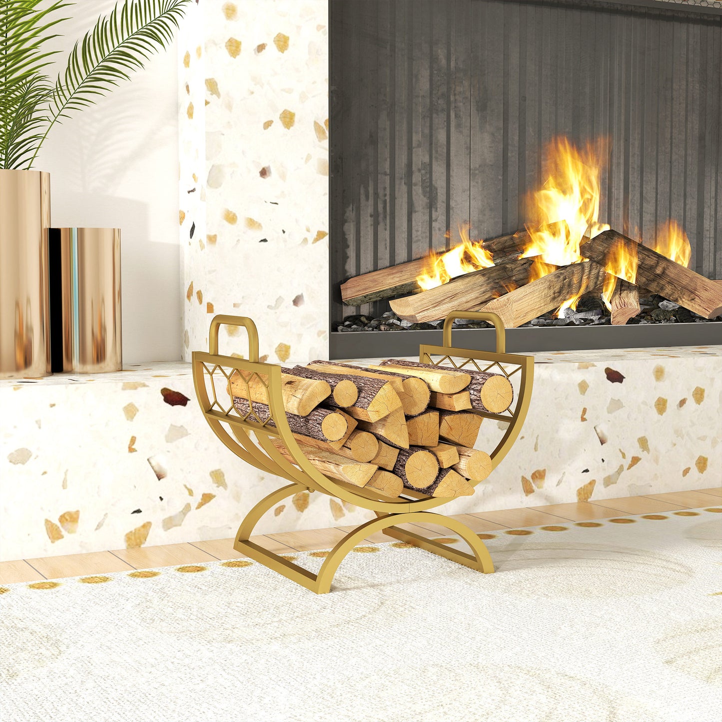 Outsunny Kaminholzregal für innen 46 x 36 x 41cm Brennholzregal für Kamin Ofen Metall Gold