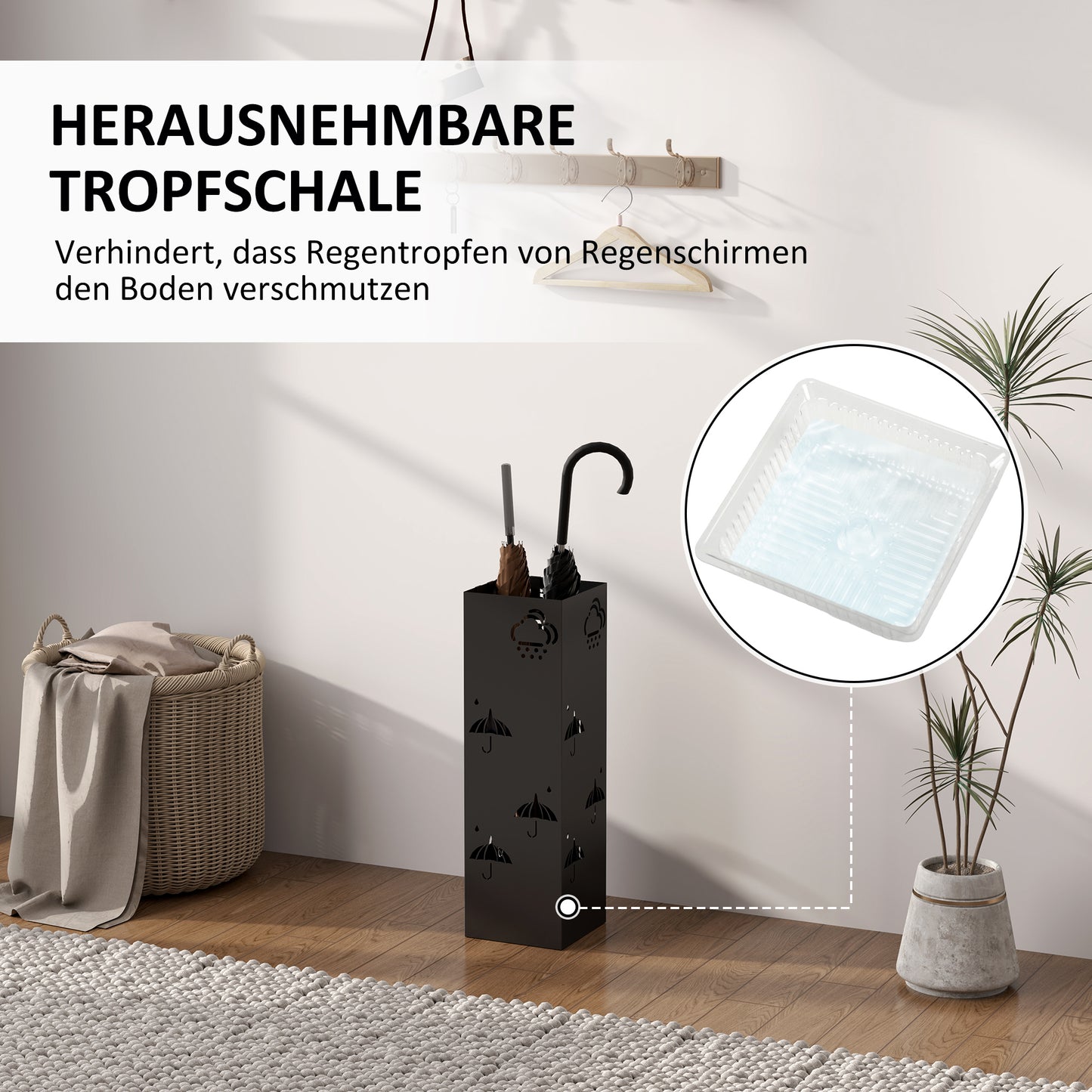HOMCOM Schirmständer aus Metall, 4 Haken, Wolken- und Schirmmuster, Tropfblech, Schwarz
