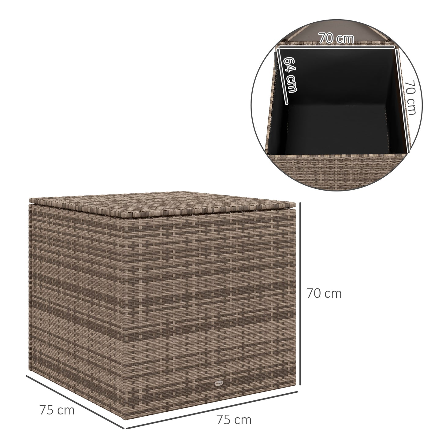 Outsunny Polyrattan Auflagenbox, Stoff-Innenauskleidung, leichtes Öffnen/Schließen, Metallrahmen, 75B x 75T x 70H cm, Schwarz