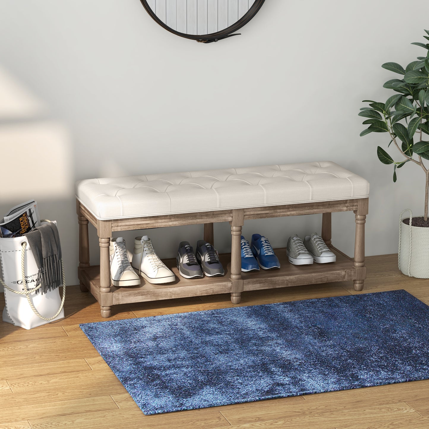 HOMCOM Sitzbank mit Stauraum, Vintage-Design, Knopfheftung, Kautschukbaumholz, 115x40x48cm, Cremeweiß