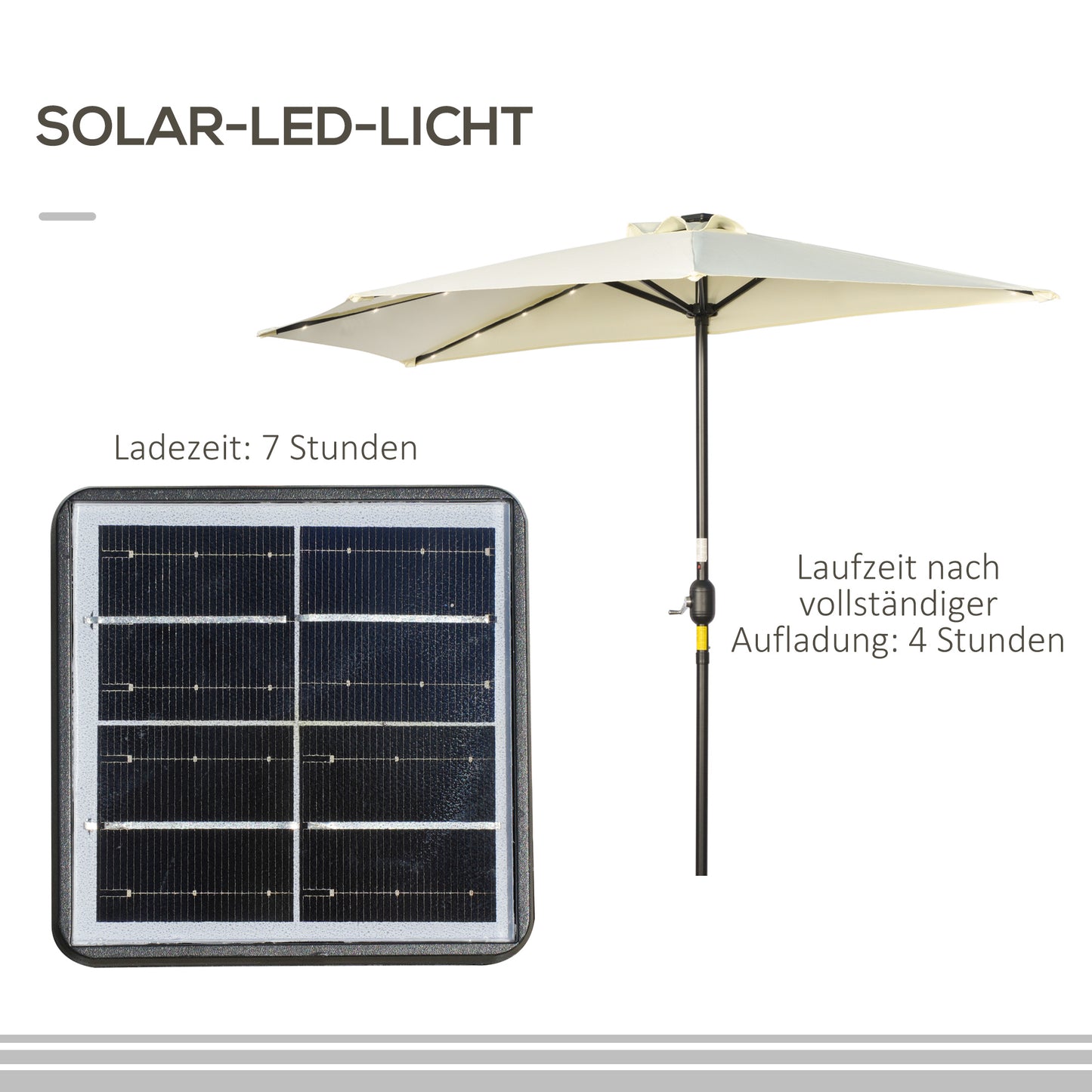 Outsunny Sonnenschirm، Terrassenschirm، halbrund، mit Solarpaneel، 20 LEDs، Handkurbel، بيج، 2,70 x 1,35 x 2,40 م