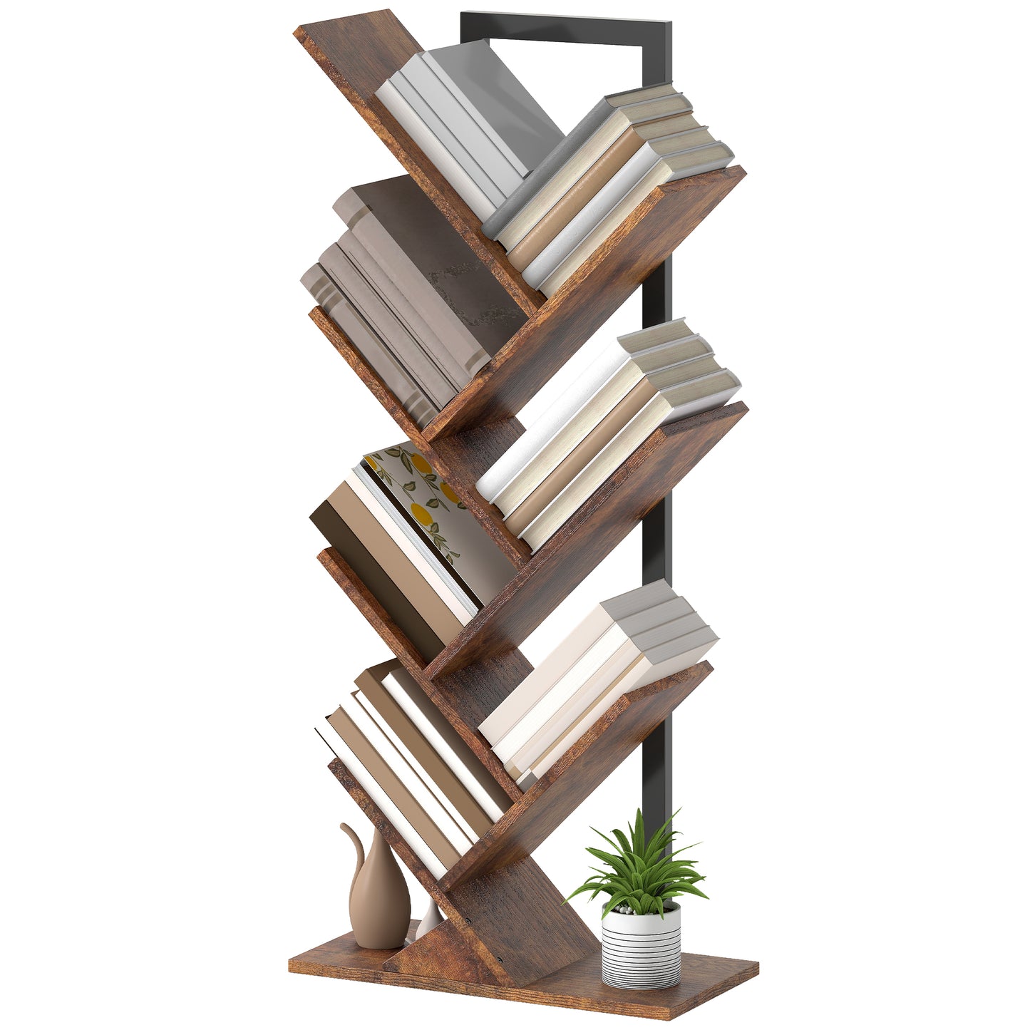 HOMCOM Bücherregal Standregal mit 7 Ebenen Schmal Regal im Baumform für Büro, Rustikal Braun