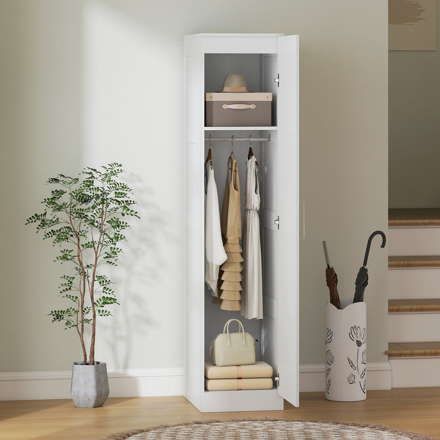 HOMCOM Kleiderschrank Mehrzweckschrank mit Kleiderstange, Regal, باب ناعم الإغلاق 40 x 52 x 180 cm Weiß
