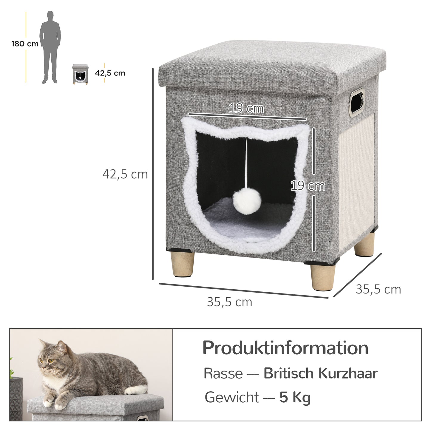 PawHut Katzenhöhle, Katzenhaus, inkl. Spielball, waschbares Kissen, 35,5 cm x 35,5 cm x 42,5 cm