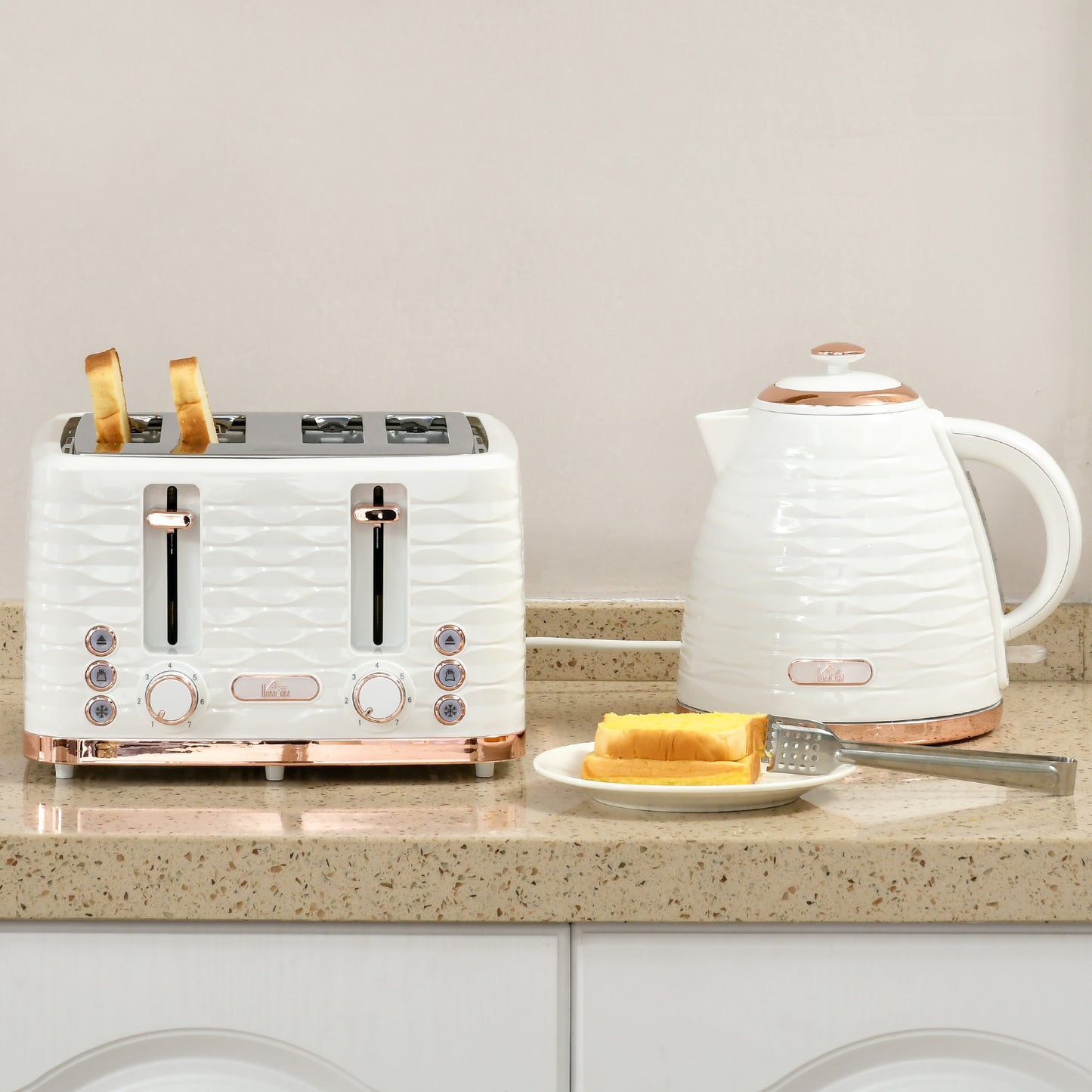 HOMCOM 2-in-1 Toaster- und Wasserkocher-Set, 7 Bräunungsstufen, Auftau- und Aufwärmfunktion, Cremeweiß