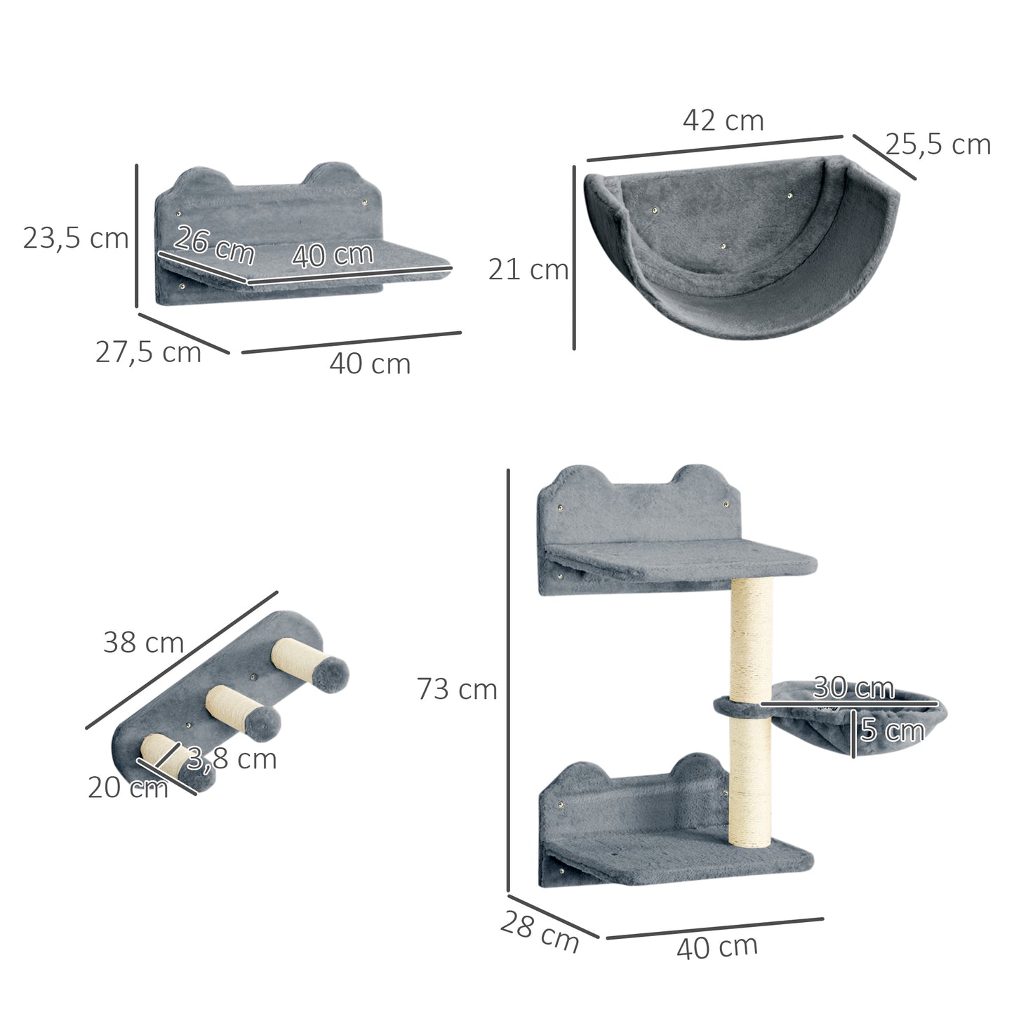 PawHut Kletterwand-Set für Katzen, Hängematte, Kratzbrett, Sprungplattformen, Plüsch, Sisal, Grau