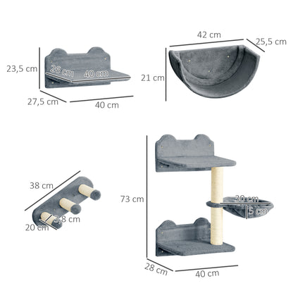 PawHut Kletterwand-Set für Katzen, Hängematte, Kratzbrett, Sprungplattformen, Plüsch, Sisal, Grau
