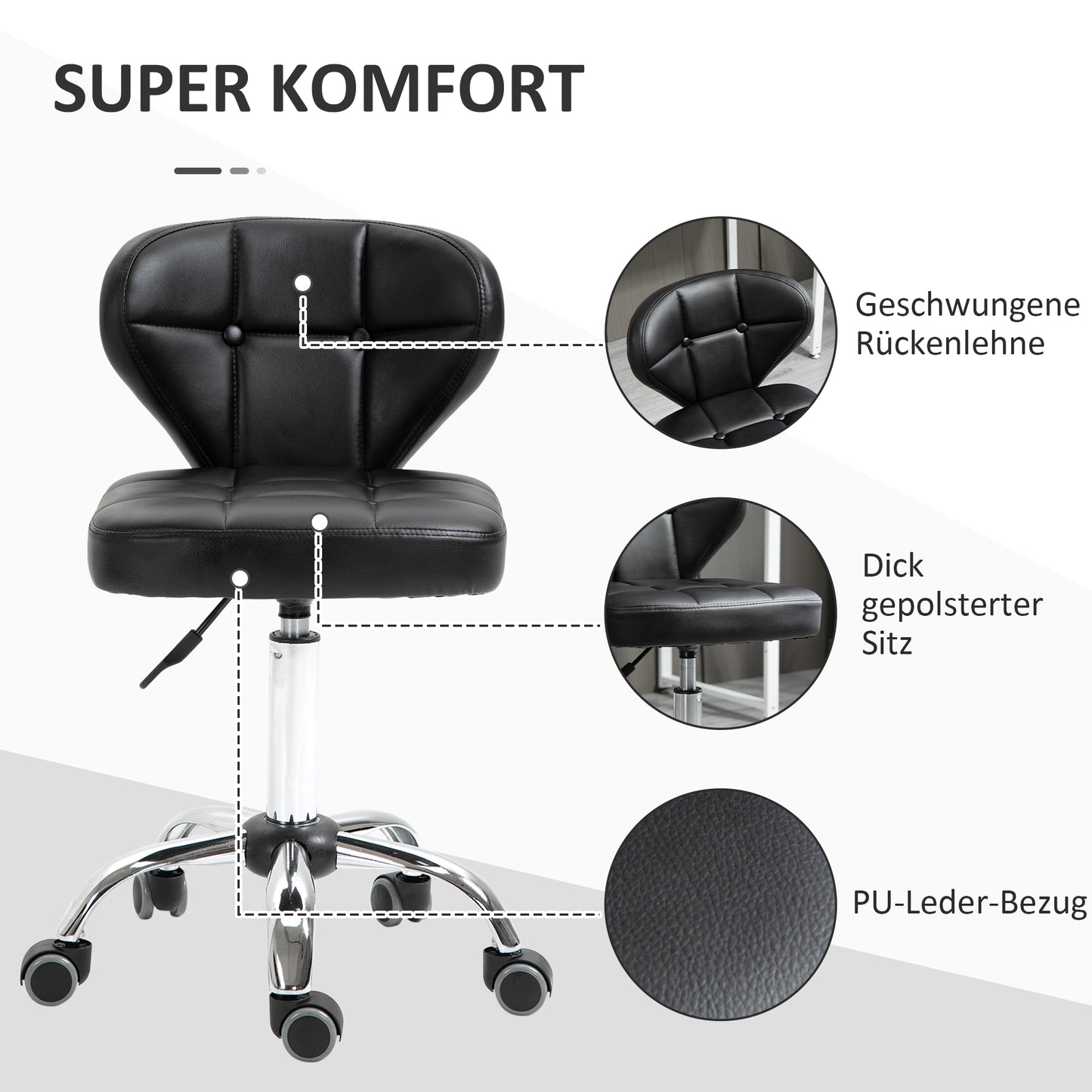 HOMCOM 2er-Set Arbeitshocker mit Rückenlehne Rollhocker aus Kunstleder Drehhocker mit Lehne Kosmetikhocker Rollhocker Bürohocker 72-87 cm höhenverstellbar Büro Dunkelgrau 45 x 47 x 72-87 cm