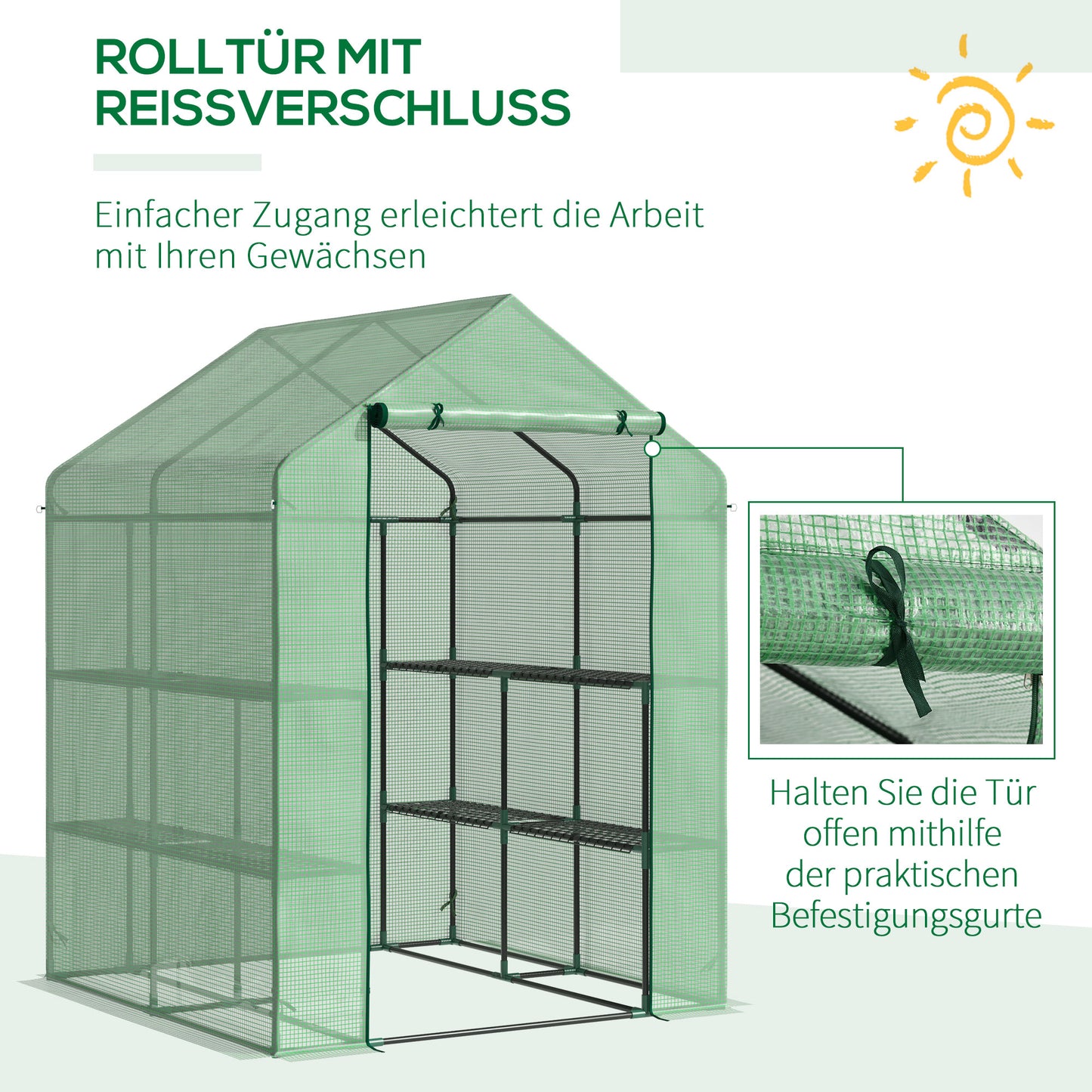 Outsunny Foliengewächshaus begehbares Gewächshaus mit 8 Regalebenen Tomatengewächshaus Treibhaus Frühbeet mit Tür Grün Stahl PE-Kunststoff 143 x 138 x 195 cm