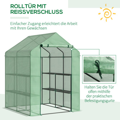 Outsunny Foliengewächshaus begehbares Gewächshaus mit 8 Regalebenen Tomatengewächshaus Treibhaus Frühbeet mit Tür Grün Stahl PE-Kunststoff 143 x 138 x 195 cm