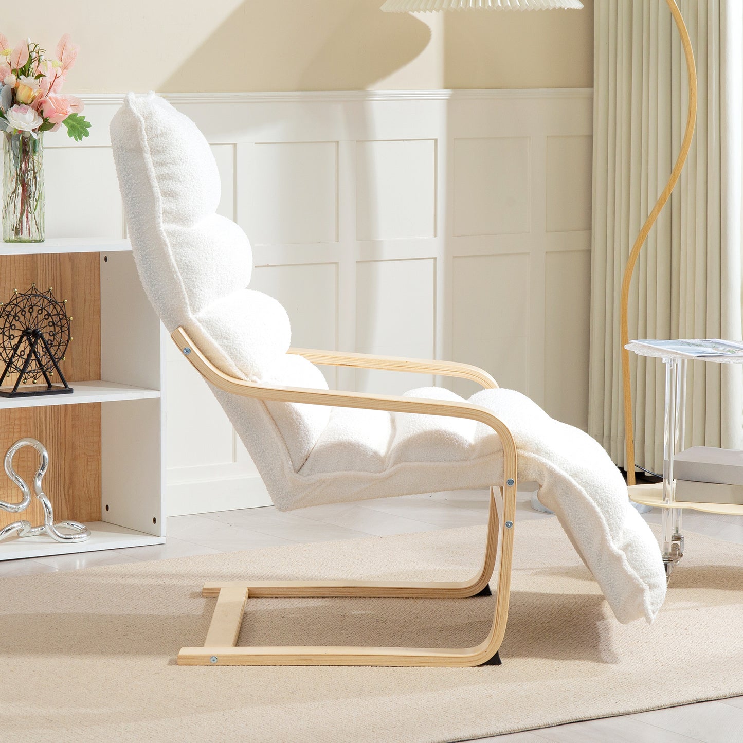 HOMCOM Lounge-Sessel aus Birkenholz، Polstersessel، verstellbare Fußstütze، Weiß