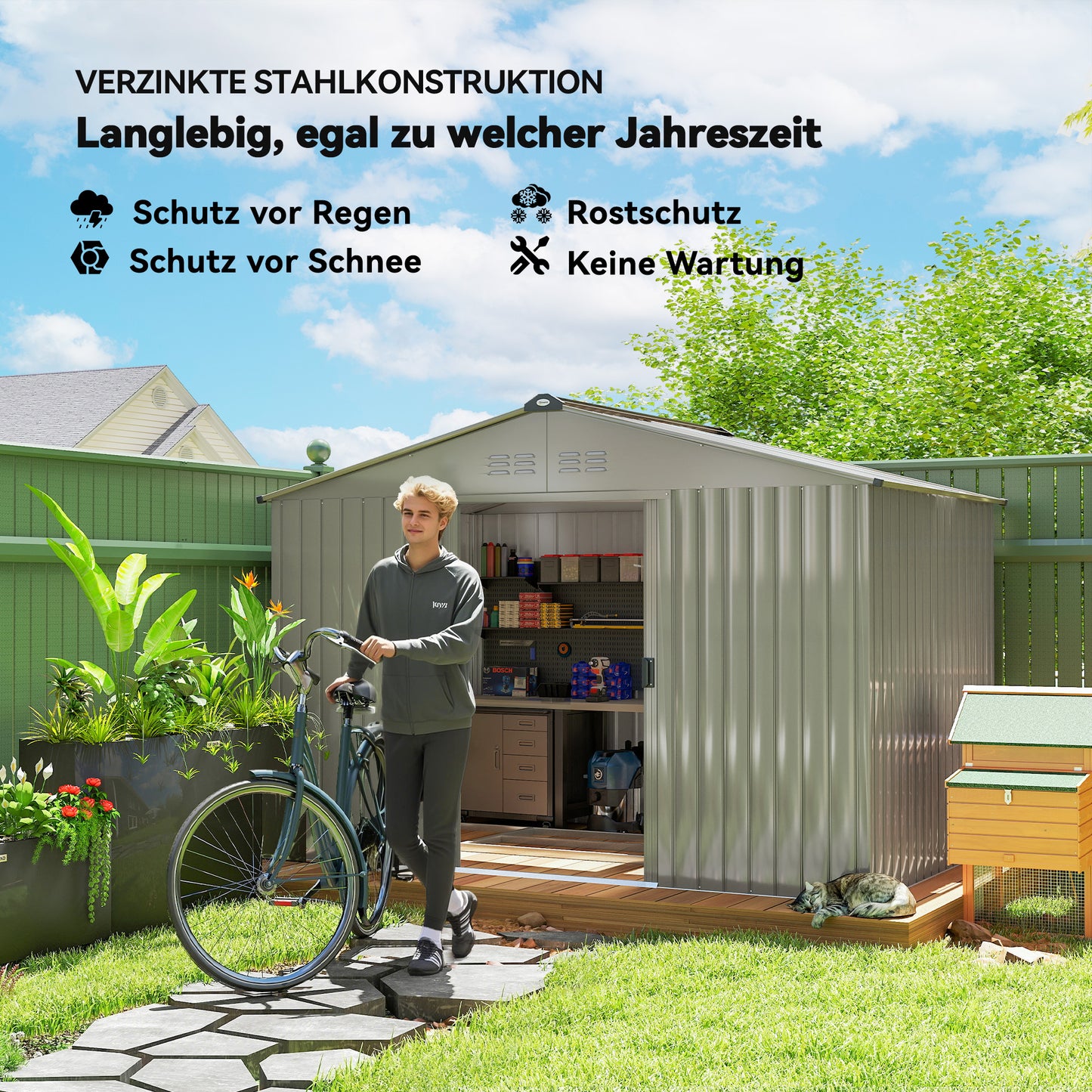 Outsunny Geräteschuppen aus Metall mit Schiebetüren und Belüftungsfenstern، 277 × 195 × 192 سم، غراو