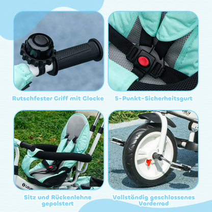 HOMCOM 6-in-1 Kinderdreirad mit Schiebestange, Dach, Gurt, Ablagekorb, für 1-5 Jahre, Grün