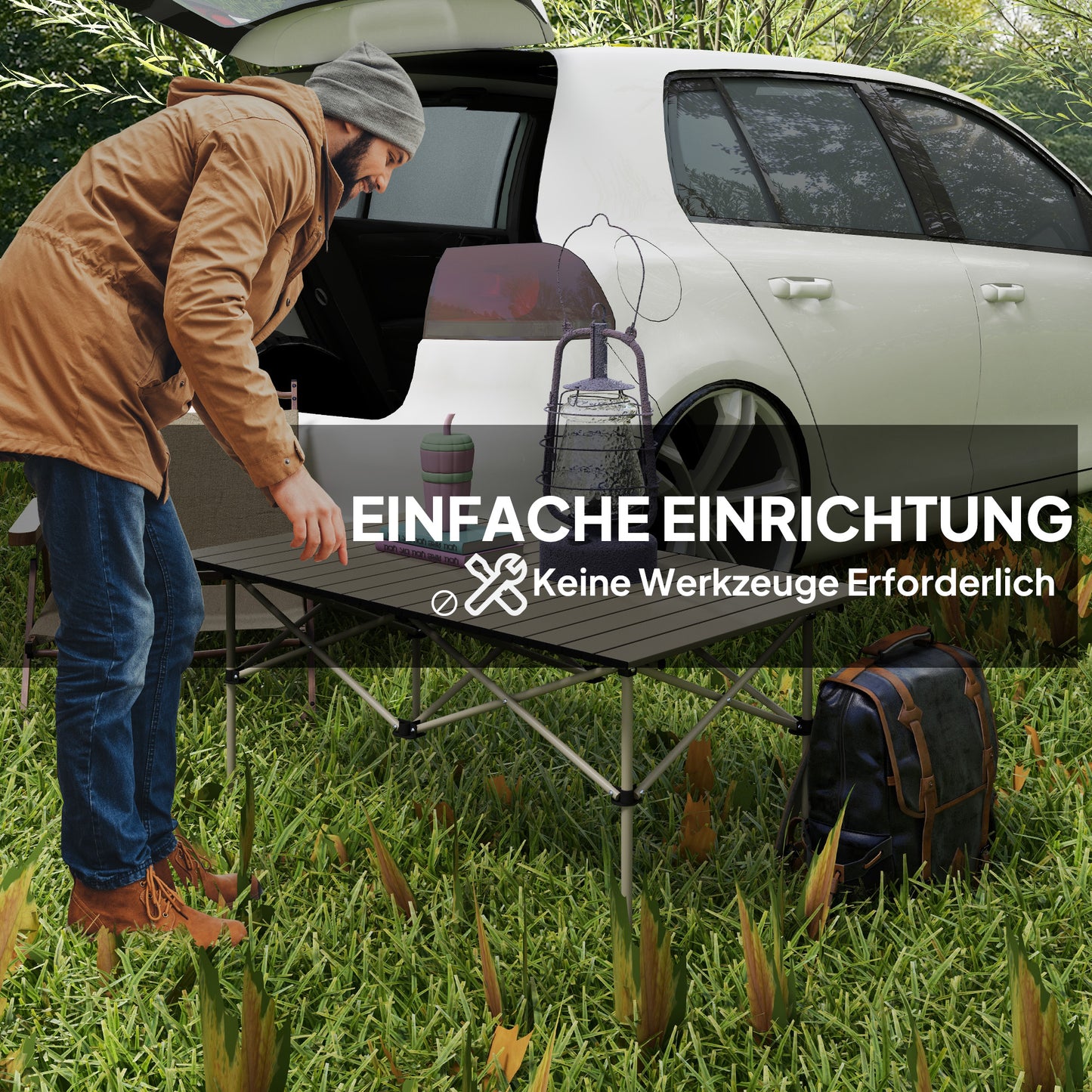 Outsunny Campingtisch Klapptisch mit Aufrollbare Tischplatte Gartentisch aus Aluminium 2 Personen 95 x 55cm Khaki