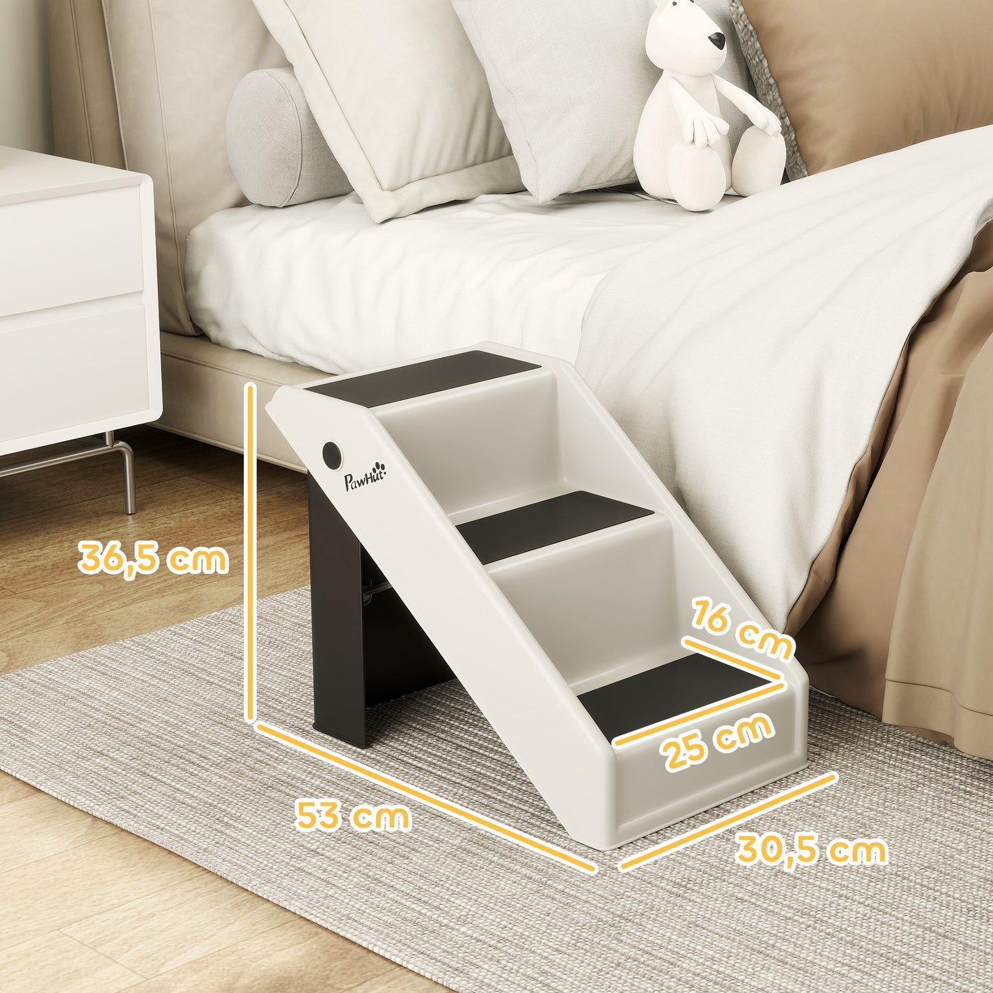 PawHut Hundetreppe 3 Stufen 36,5 cm Hoch Haustiertreppe für Kleine Hunde klappbar für Bett, Sofa, Couch Auto Cremeweiß