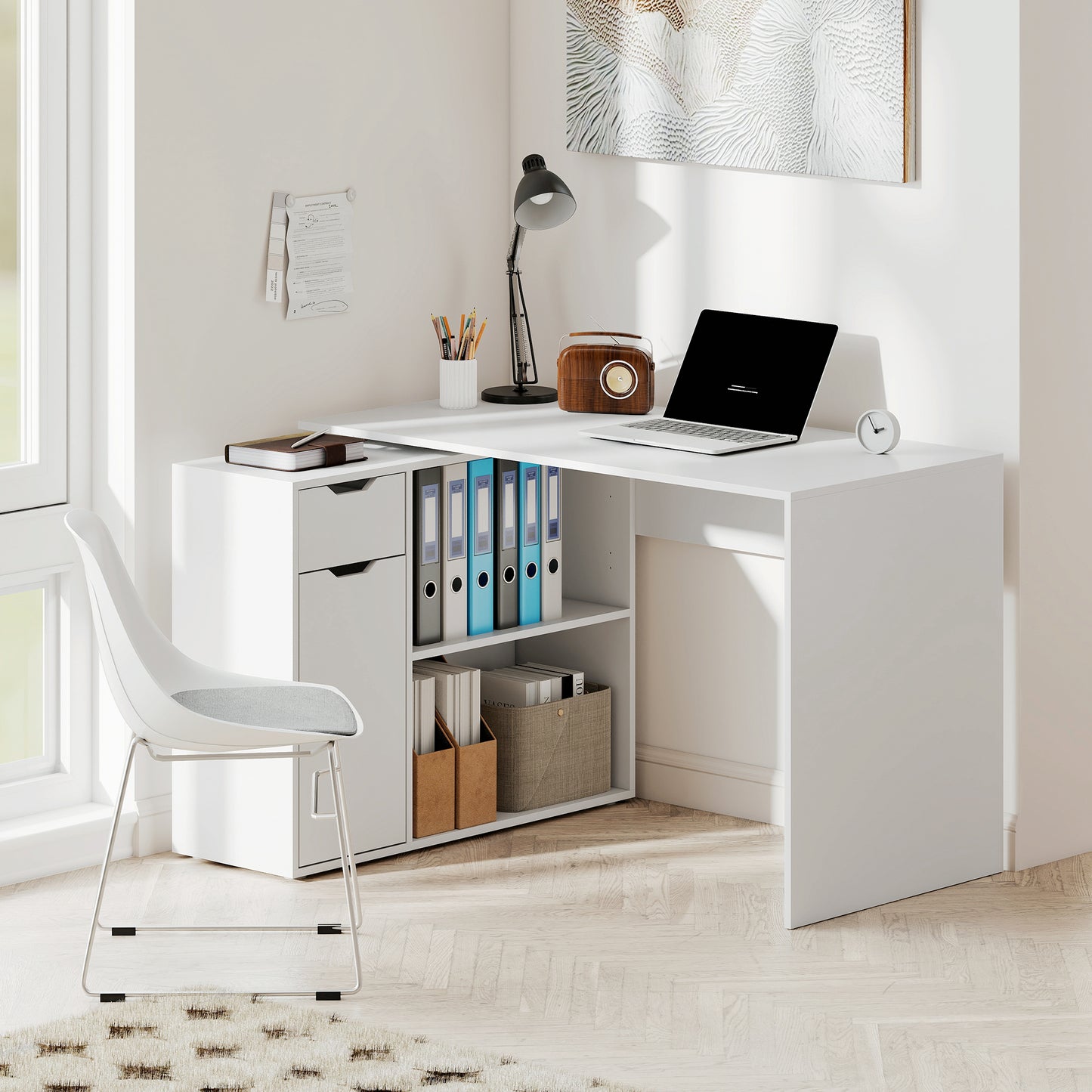 HOMCOM Flexibler Schreibtisch, 2-stufiger Schrank, Schublade, offene Fächer, Holz, Weiß