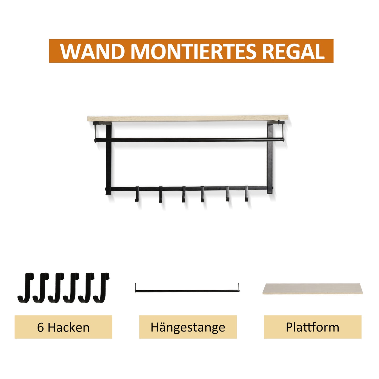 HOMCOM 2-in-1 Garderobenset Flurgaderobe mit Sitzbank Wandgarderobe für Eingangsbereich، 6 Haken، Natur+Schwarz، 75 × 30 × 45 سم (Sitzbank)