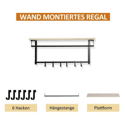 HOMCOM 2-in-1 Garderobenset Flurgaderobe mit Sitzbank Wandgarderobe für Eingangsbereich، 6 Haken، Natur+Schwarz، 75 × 30 × 45 سم (Sitzbank)