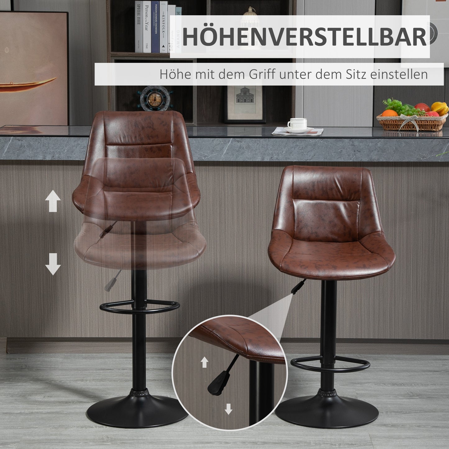 HOMCOM 2er-Set Barhocker Barhocker Barstühle, höhenverstellbar, inkl. Fußstütze, 46,5cm x 50cm x 108cm, Schwarz + Braun