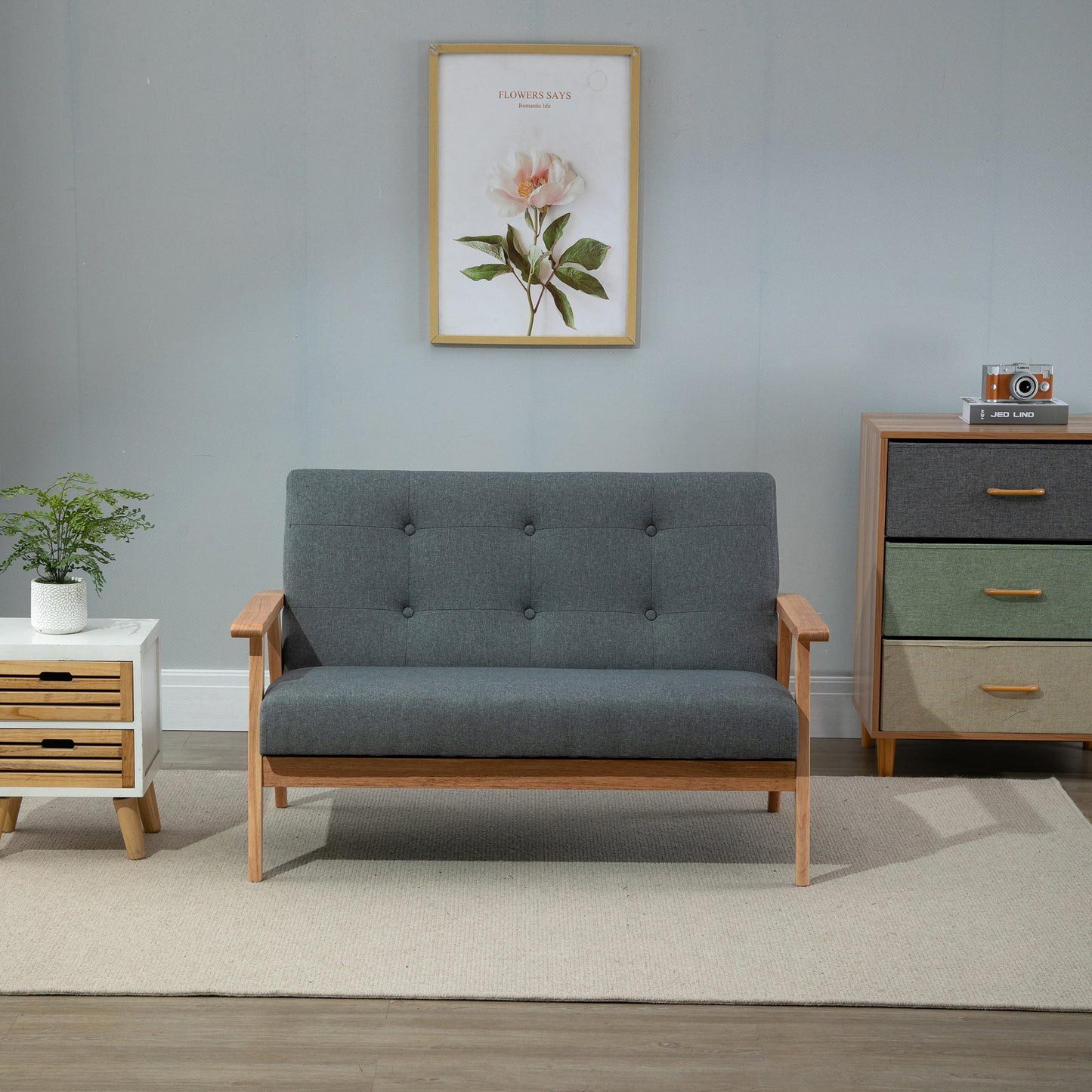 HOMCOM Sofa 2 Sitzer Couch, Wohnzimmersofa mit Leinenoptik Modern Polstersofa für Wohnzimmer, Schlafzimmer, Dunkelgrau 115 x 66,5 x 73 cm