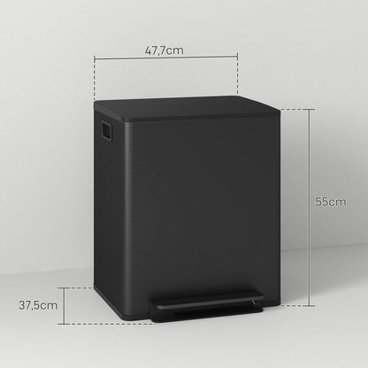 HOMCOM Mülleimer mit 2x25L Fächern, Soft-Close-Deckel, Fingerabdrucksicher, Edelstahl, Schwarz