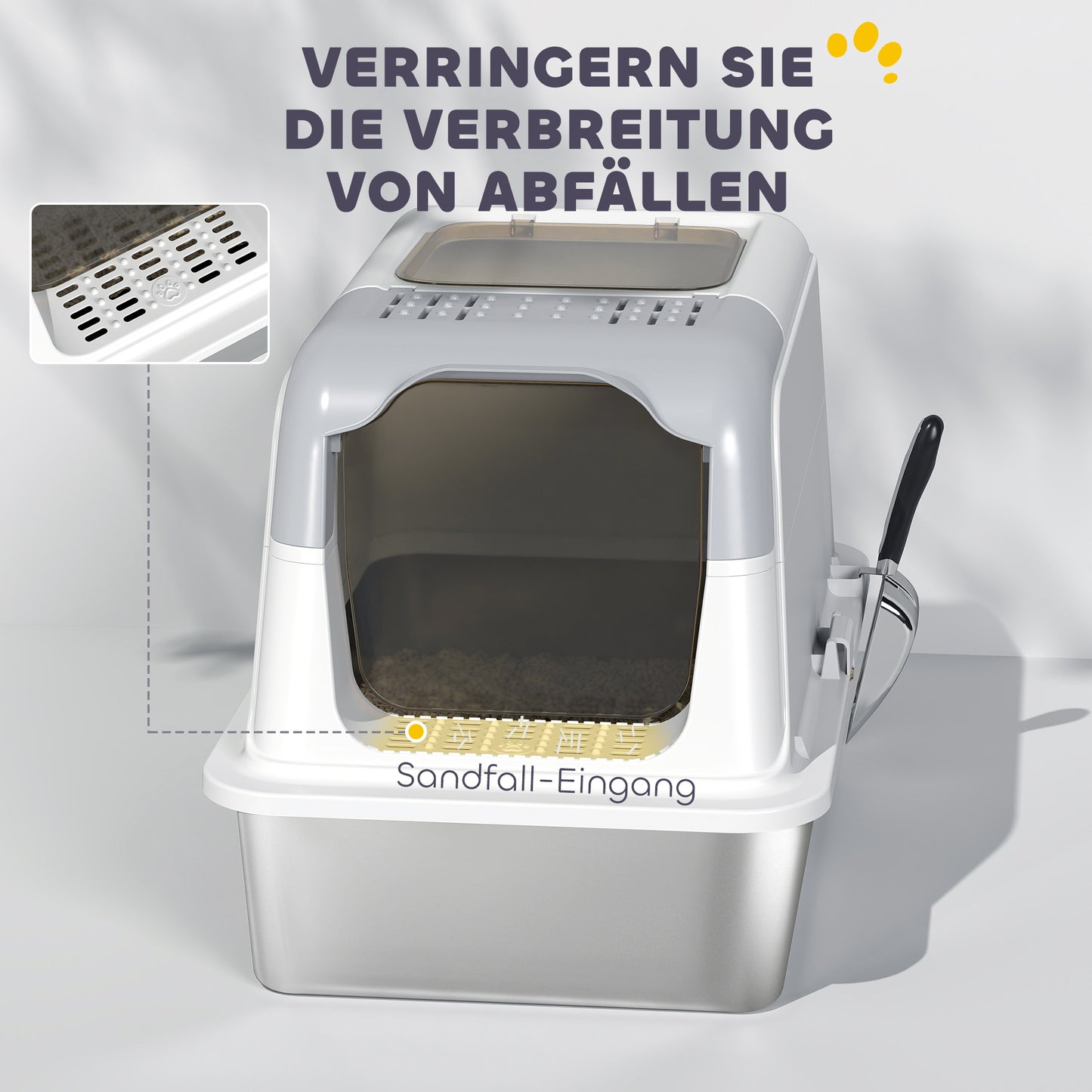 PawHut Katzenklo, Katzentoilette mit Deckel, Streuschaufel, vorne Eingang und ober Ausgang Edelstahl bis 7 kg