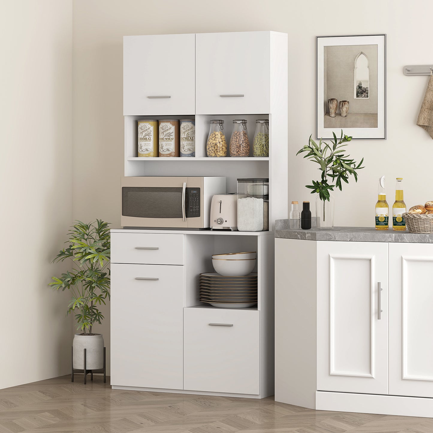 HOMCOM Küchenschrank, Buffet mit Schublade, Soft-Close Türen, 80 x 35 x 180 cm, Weiß