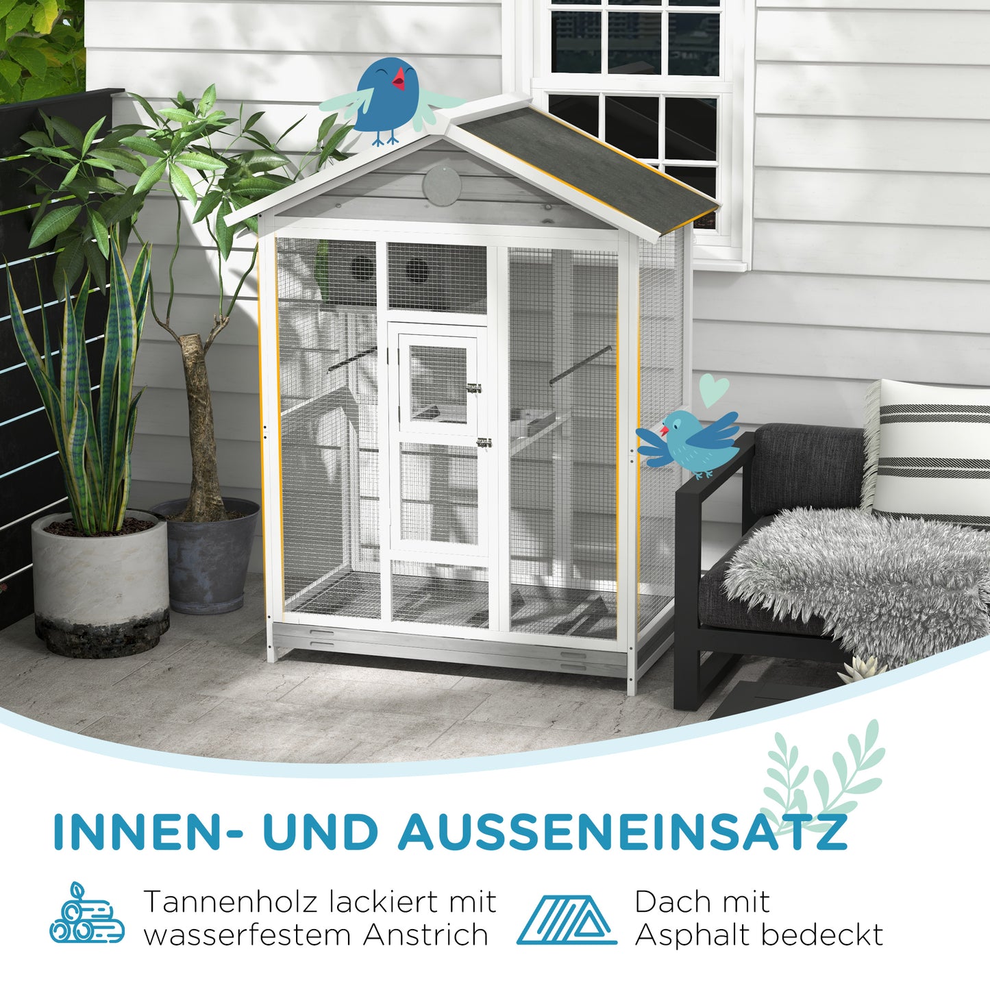PawHut Vogelkäfig aus Holz, mit 4 Sitzstangen, Asphaltdach, wasserdicht, 112 x 68 x 154 cm