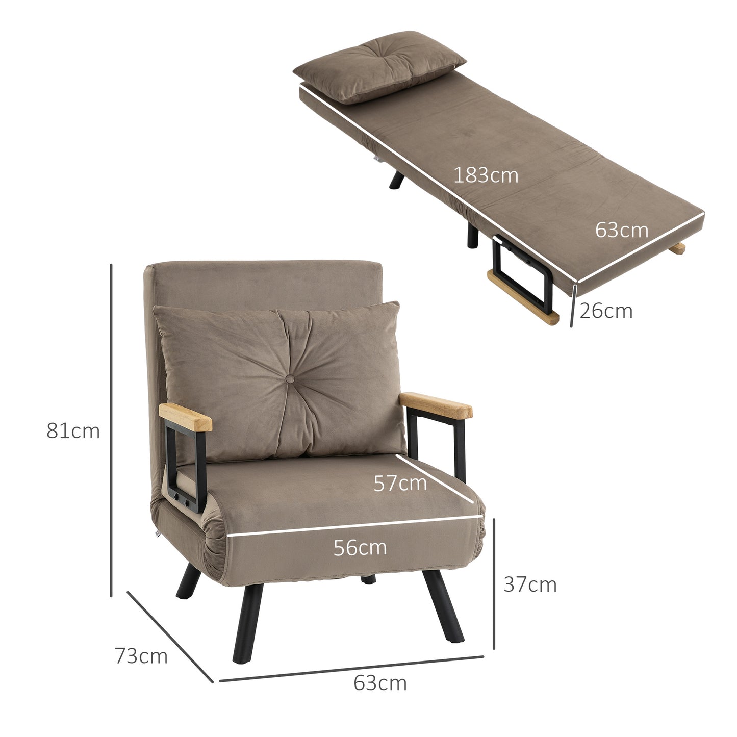 HOMCOM Schlafsessel, Gästebett, verstellbare Rückenlehne, bis 120 kg, Stahllrahmen, 63x73x81cm, Hellbraun