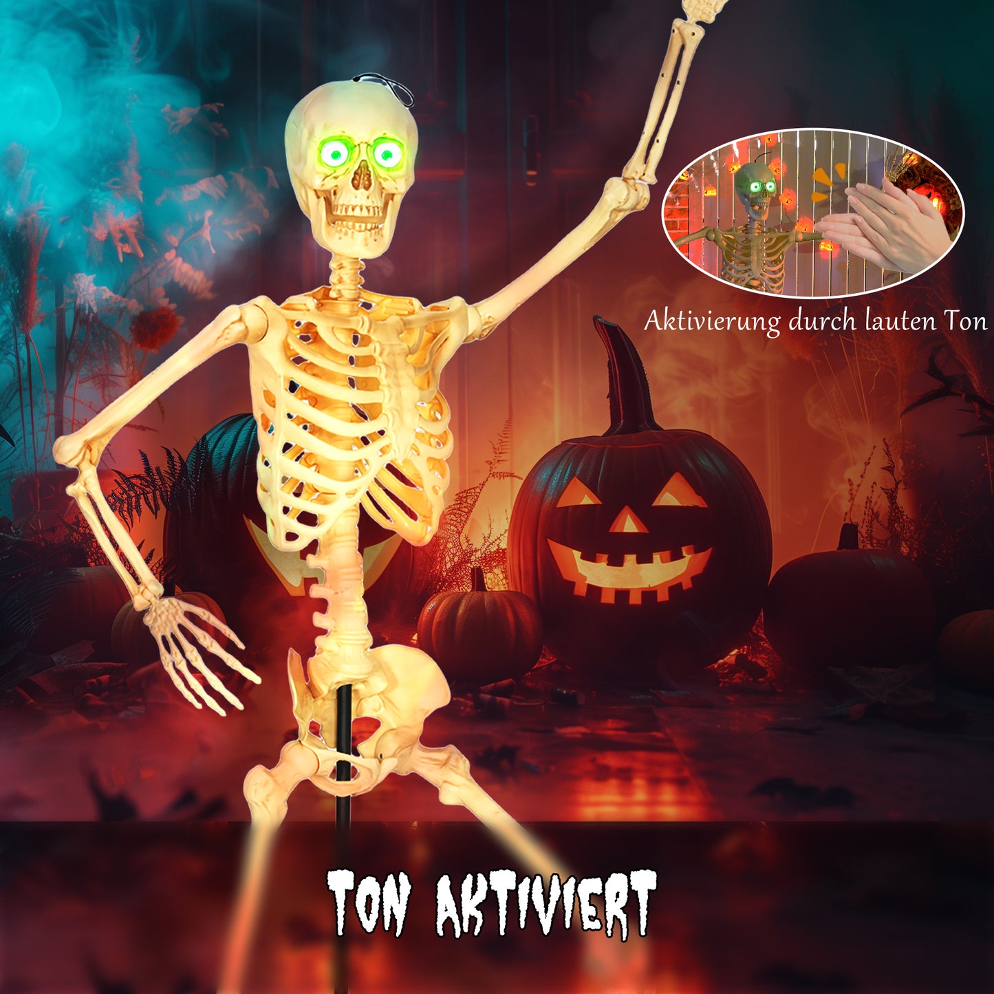 Outsunny Skelett-Figur, Halloween-Dekoration, bewegliche Arme und Beine, Geräusch-Aktivierung, leuchtende Augen, Batteriebetrieb, 152 cm, Metall, Kunststoff, Gelb