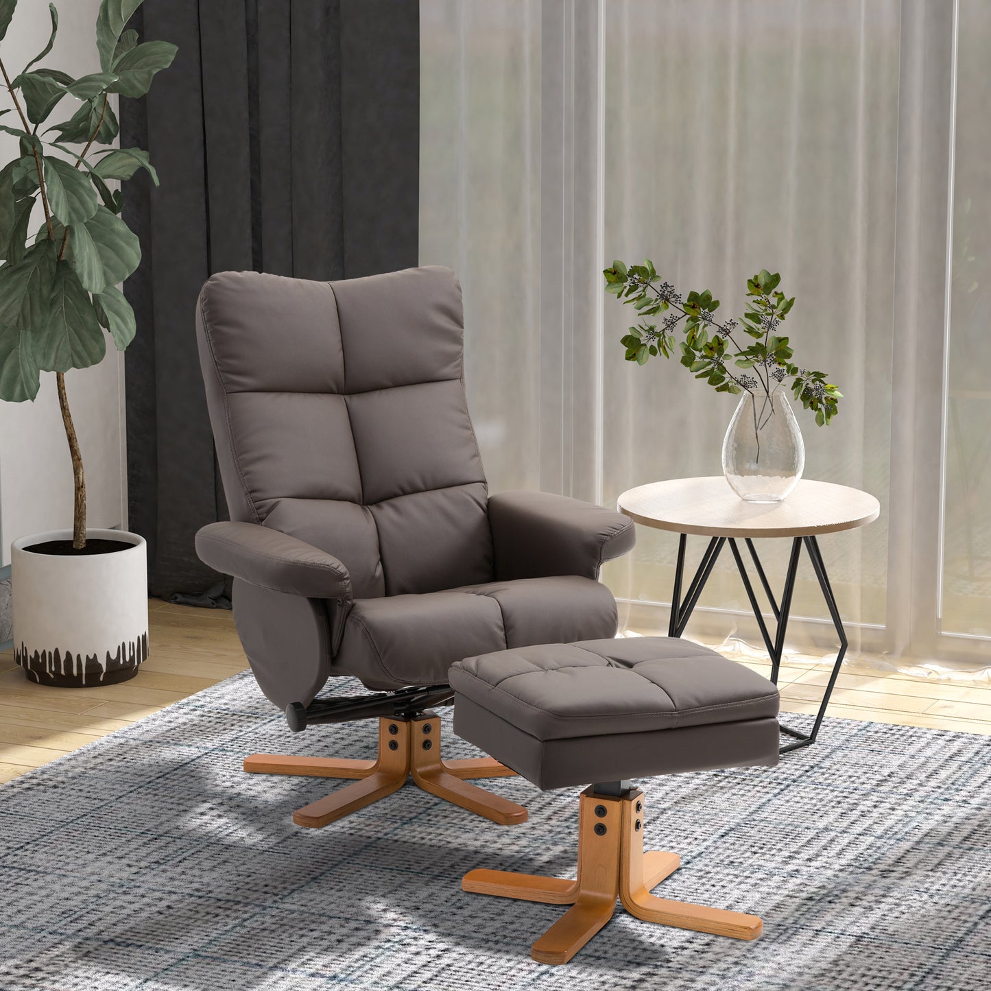 HOMCOM Relaxsessel mit Hocker, 360°drehbarer Fernsehsessel mit Liegefunktion Lesesessel für Schlafzimmer, Wohnzimmer, Kunstleder, Braun