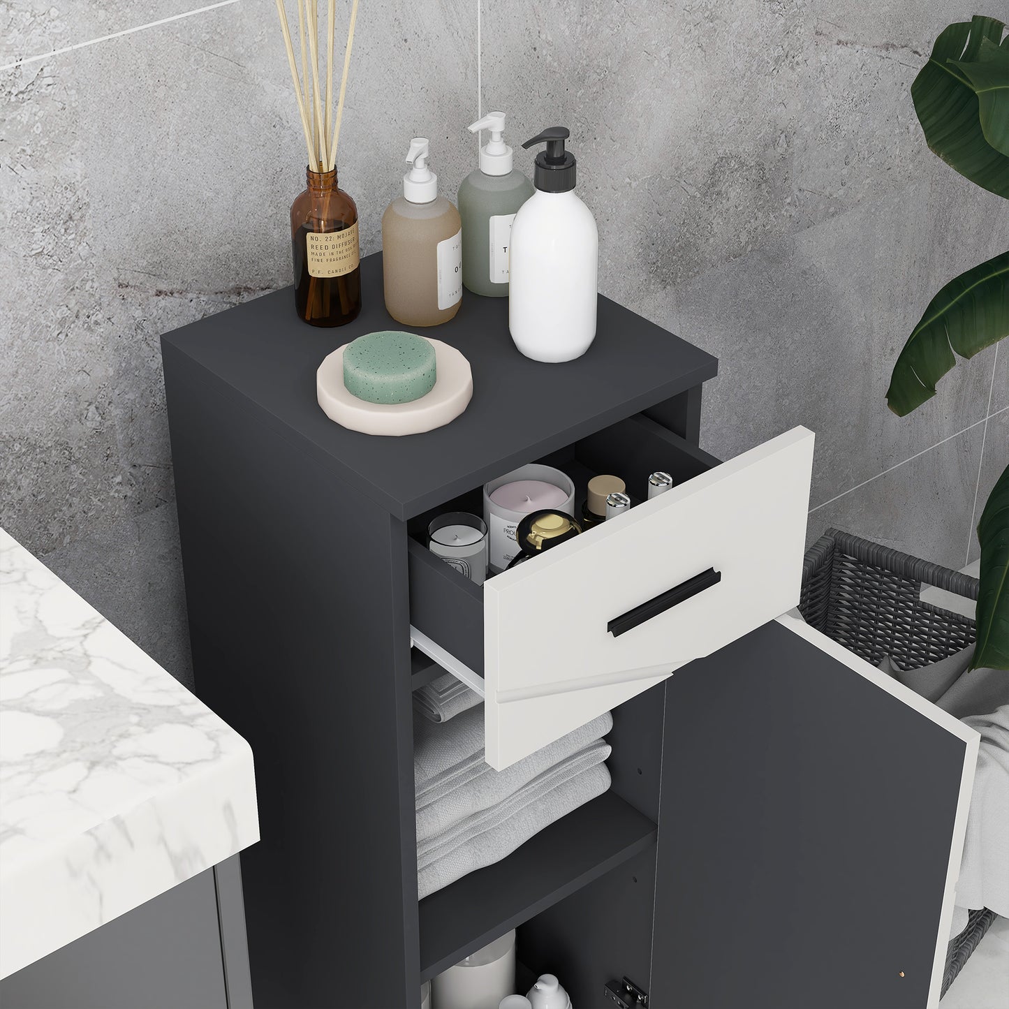 kleankin Badezimmerschrank, Badkommode, verstellbare Regale, bis zu 25 kg belastbar, Grau