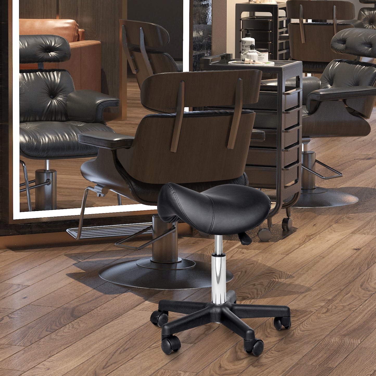 HOMCOM Rollhocker, sattelförmiger Sitz, höhenverstellbar, um 360° drehbar, Kunstleder, schwarz, 35 x 38 x 45-55 cm