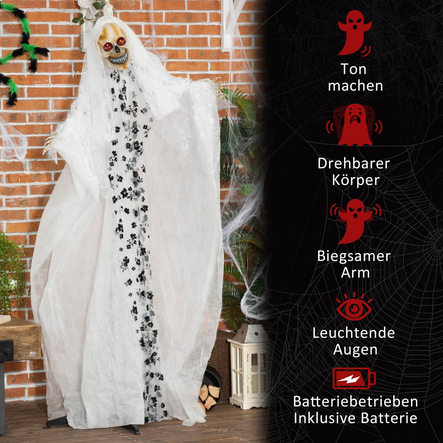 Outsunny Halloween-Dekoration Geisterbraut, Schreie & Augenleuchten, bewegungsaktiviert, 170cm groß, Indoor
