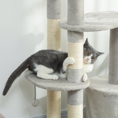 PawHut Kratzbaum 114 cm Katzenturm mit Höhle, Sisalstämme, Plattform, mehrstöckig ür mittelgroße Katzen unter 6 kg, Hellgrau